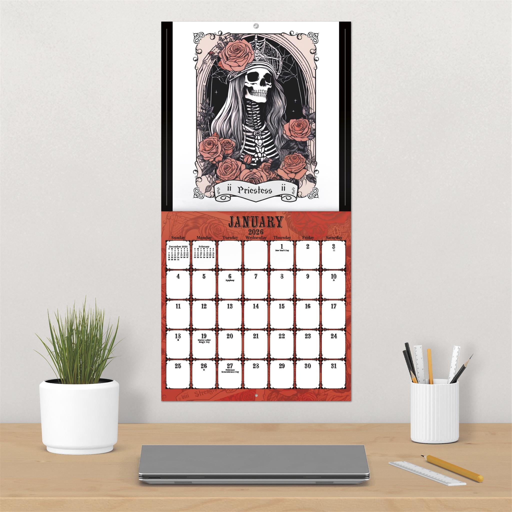 Calendrier mural Tarot - Crânes et Roses 2026 - Disponible uniquement en ligne