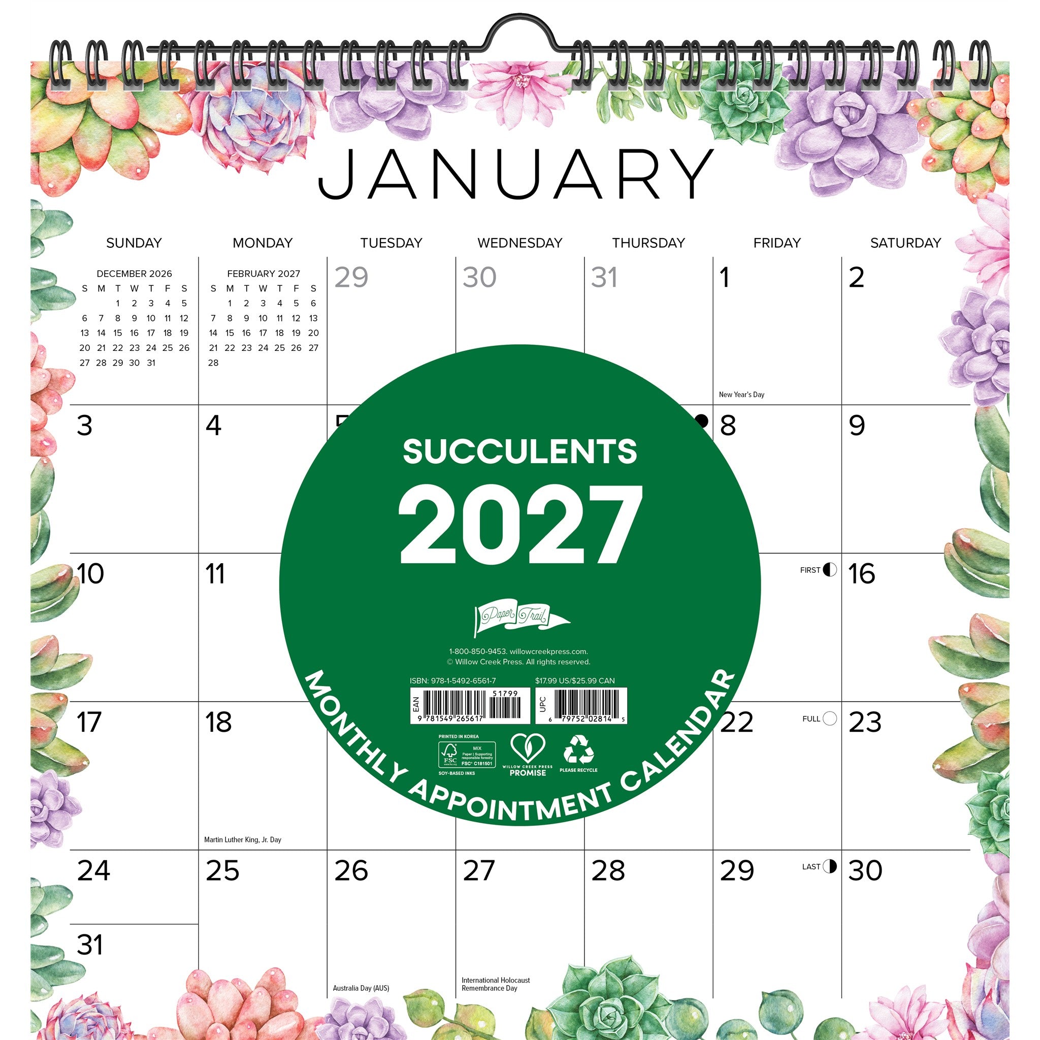 Calendrier mural spirale 2027 Succulentes