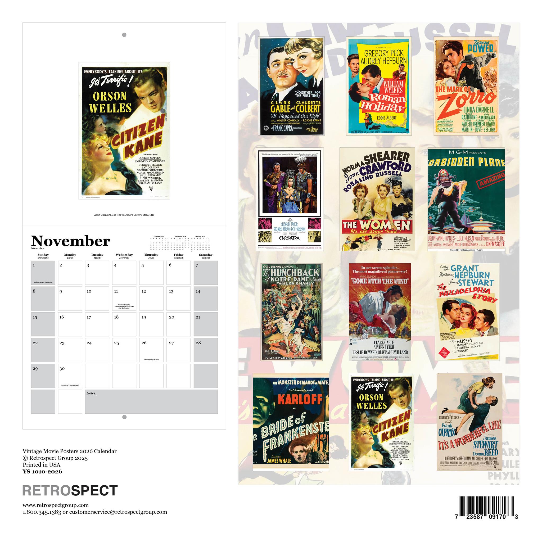 Calendrier mural 2026 avec affiches de films vintage - Disponible uniquement en ligne