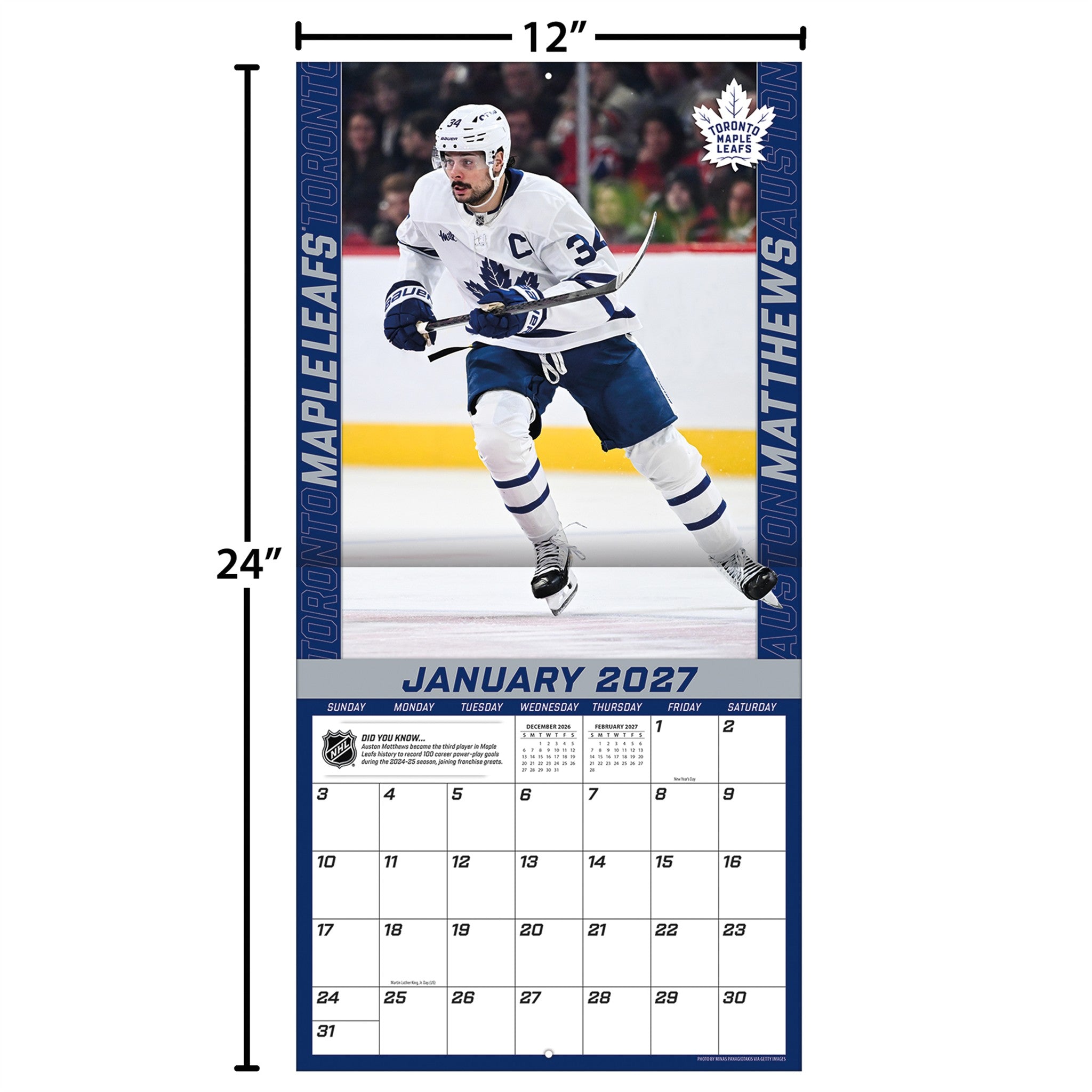 NHL Auston Matthews Toronto Maple Leafs 2027 Wall Calendar