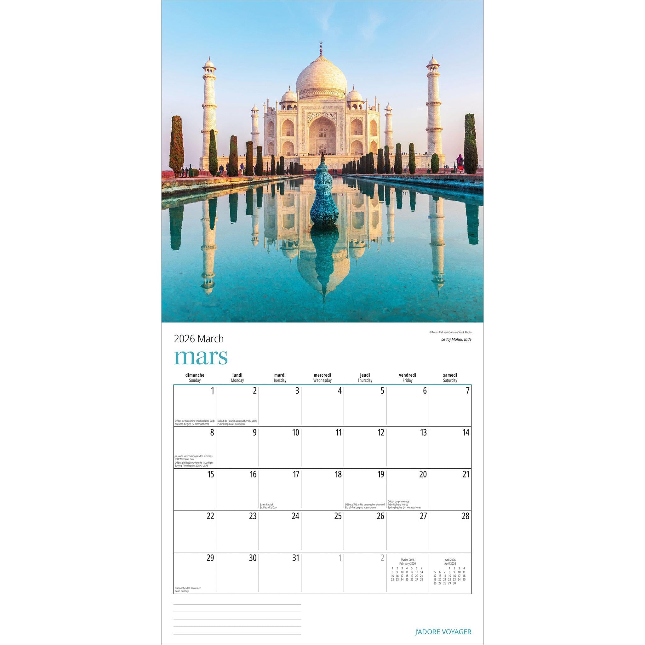 J'Adore Voyager 2026 Wall Calendar (French)