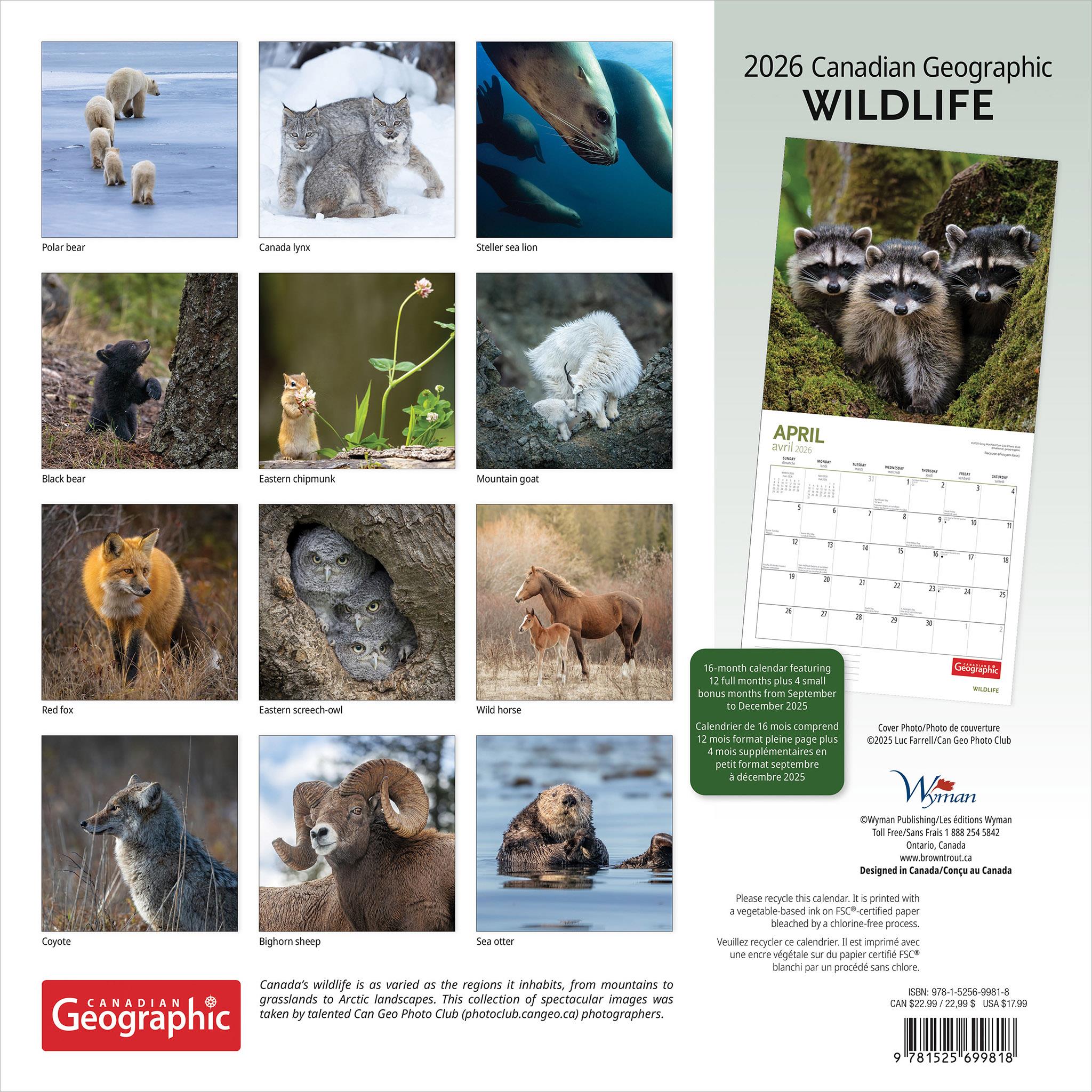 Calendrier mural Canadian Geographic Faune 2026