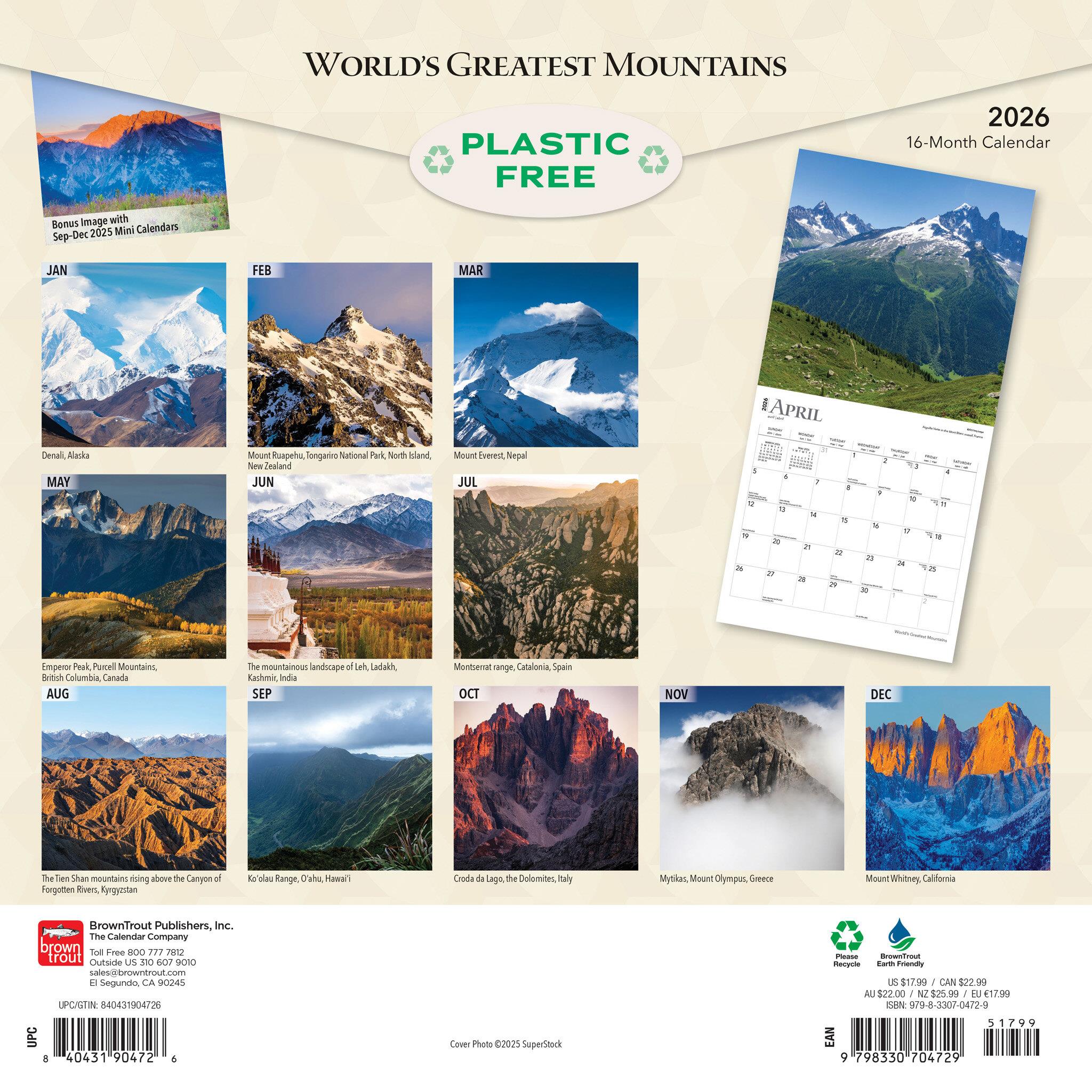 Calendrier mural 2026 des plus belles montagnes du monde - Disponible uniquement en ligne