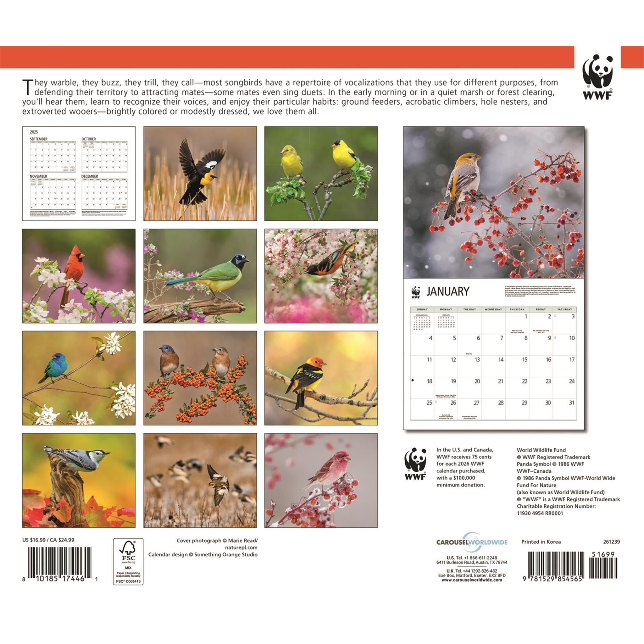 Calendrier mural 2026 du Fonds mondial pour la nature (WWF) sur les oiseaux chanteurs
