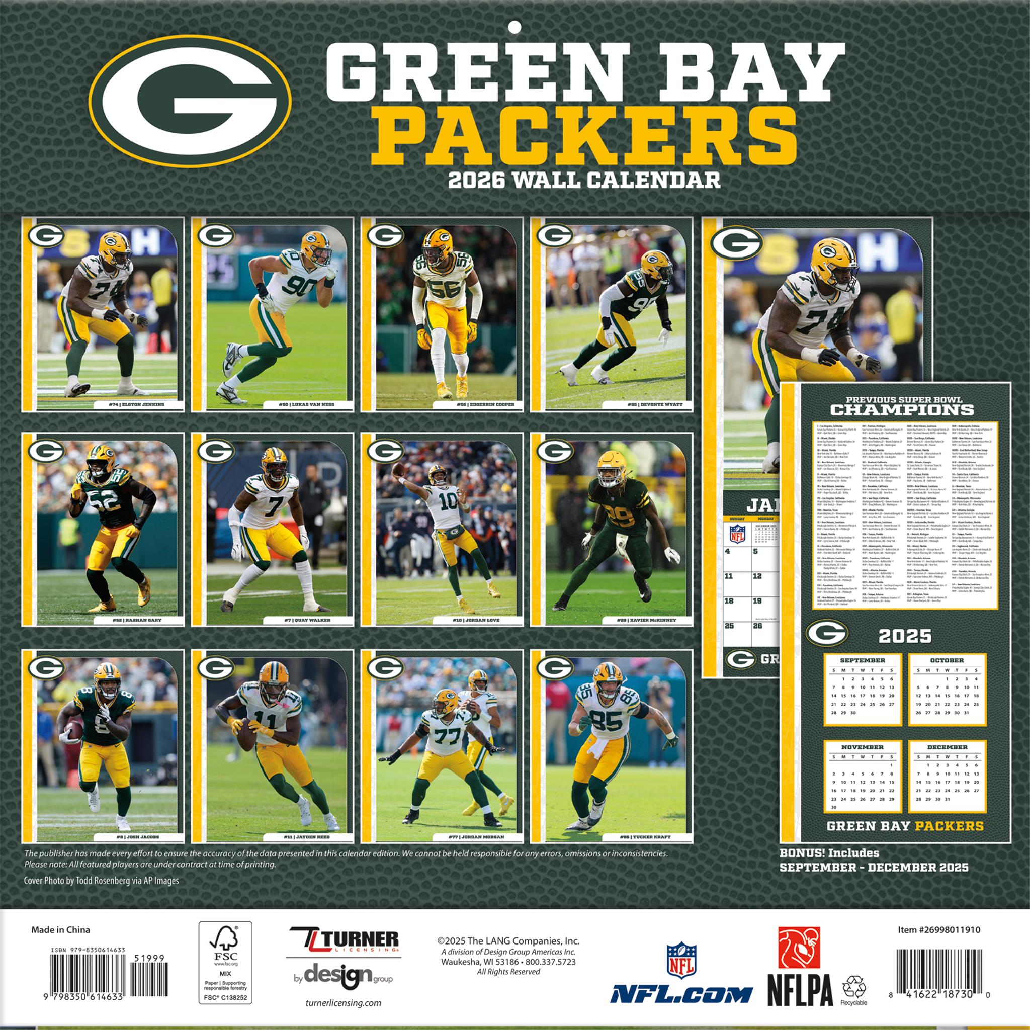 Calendrier mural 2026 des Green Bay Packers (NFL)