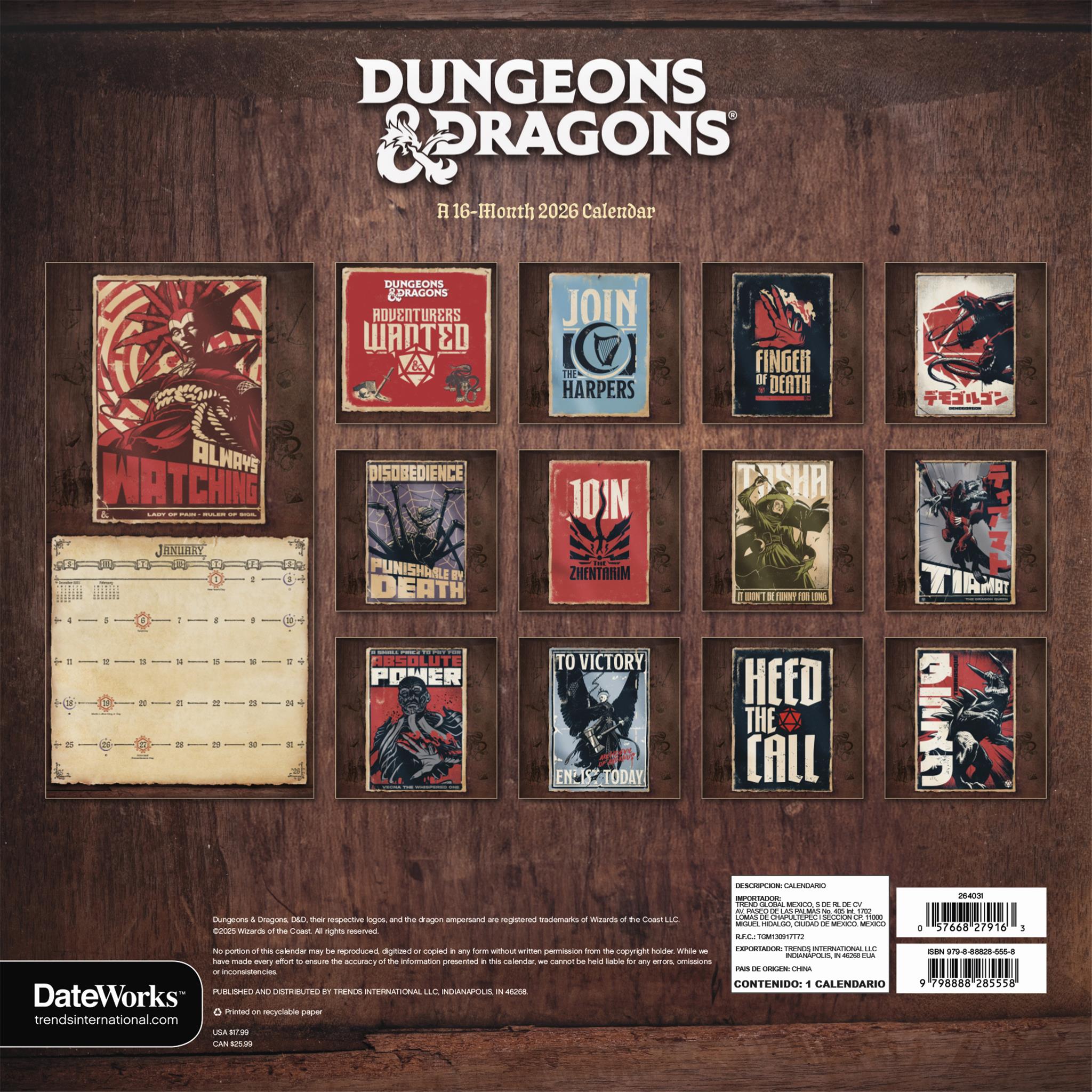 Calendrier mural Dungeons & Dragons Classic 2026 - Disponible uniquement en ligne