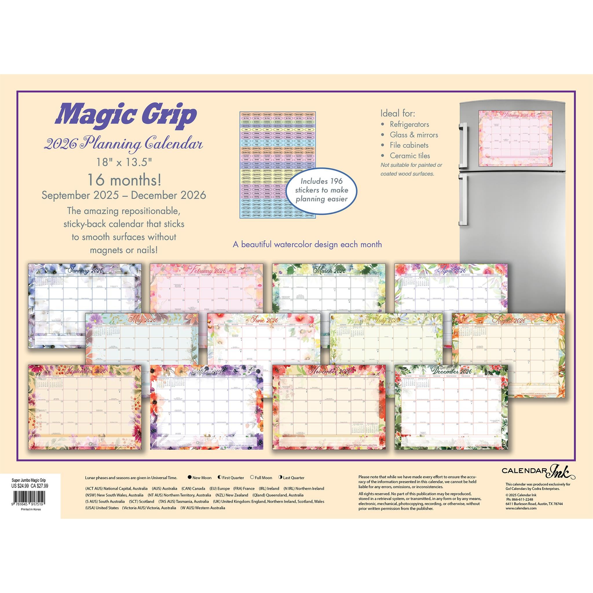 Calendrier mural exclusif aquarelle super jumbo Magic Grip 2025-2026