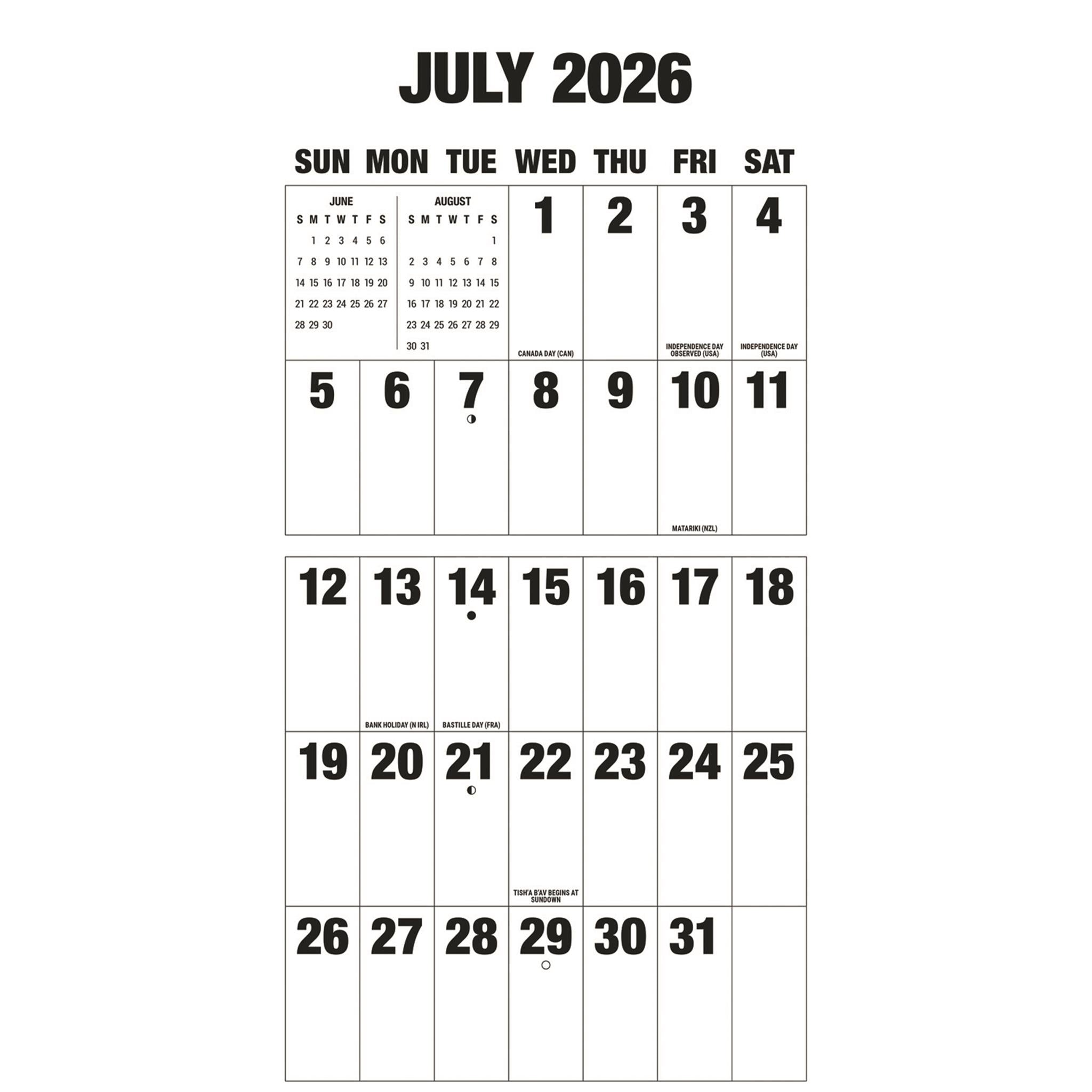Calendrier mural 2026 avec grandes lettres et grands chiffres