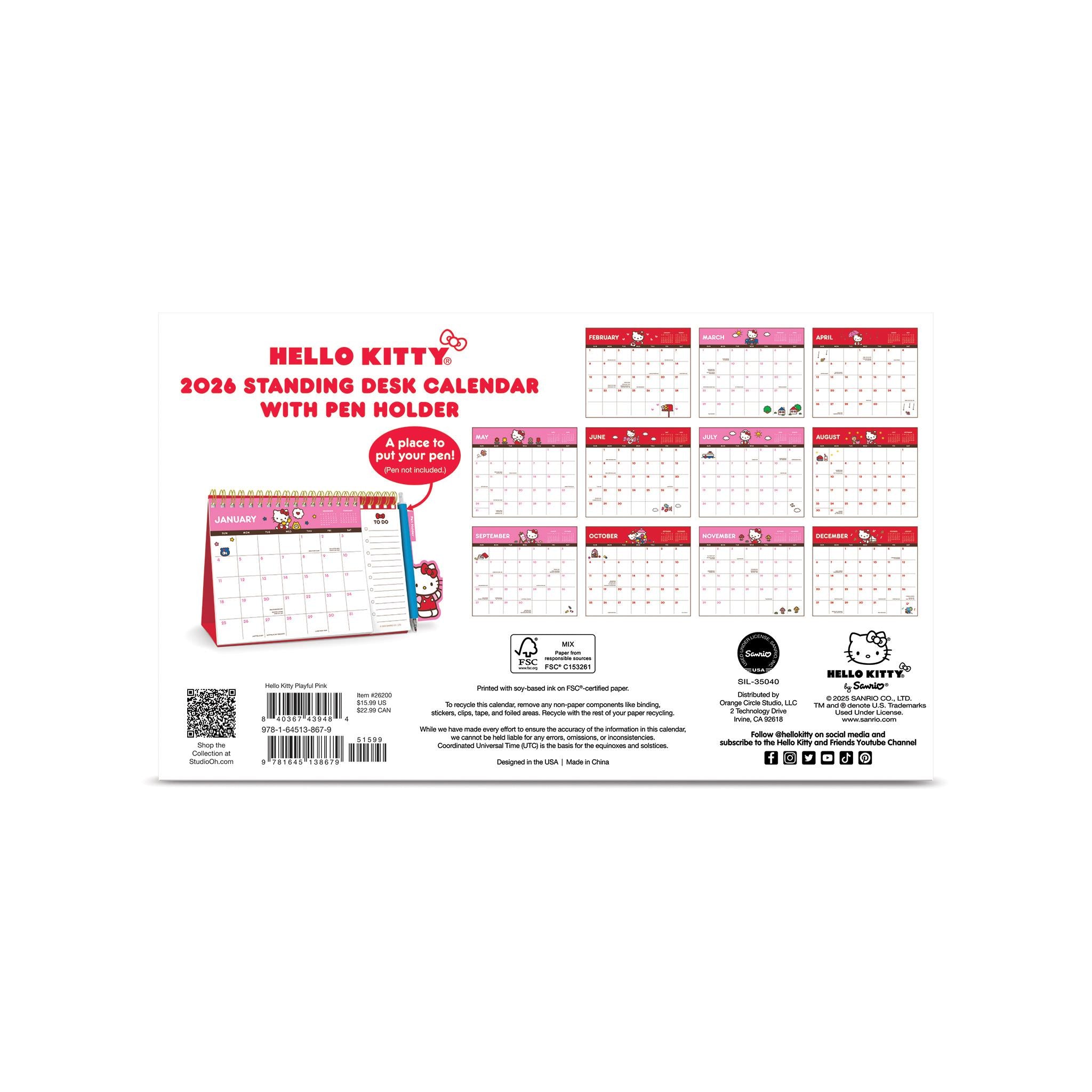 Calendrier chevalet Hello Kitty rose ludique 2026 - Disponible uniquement en ligne