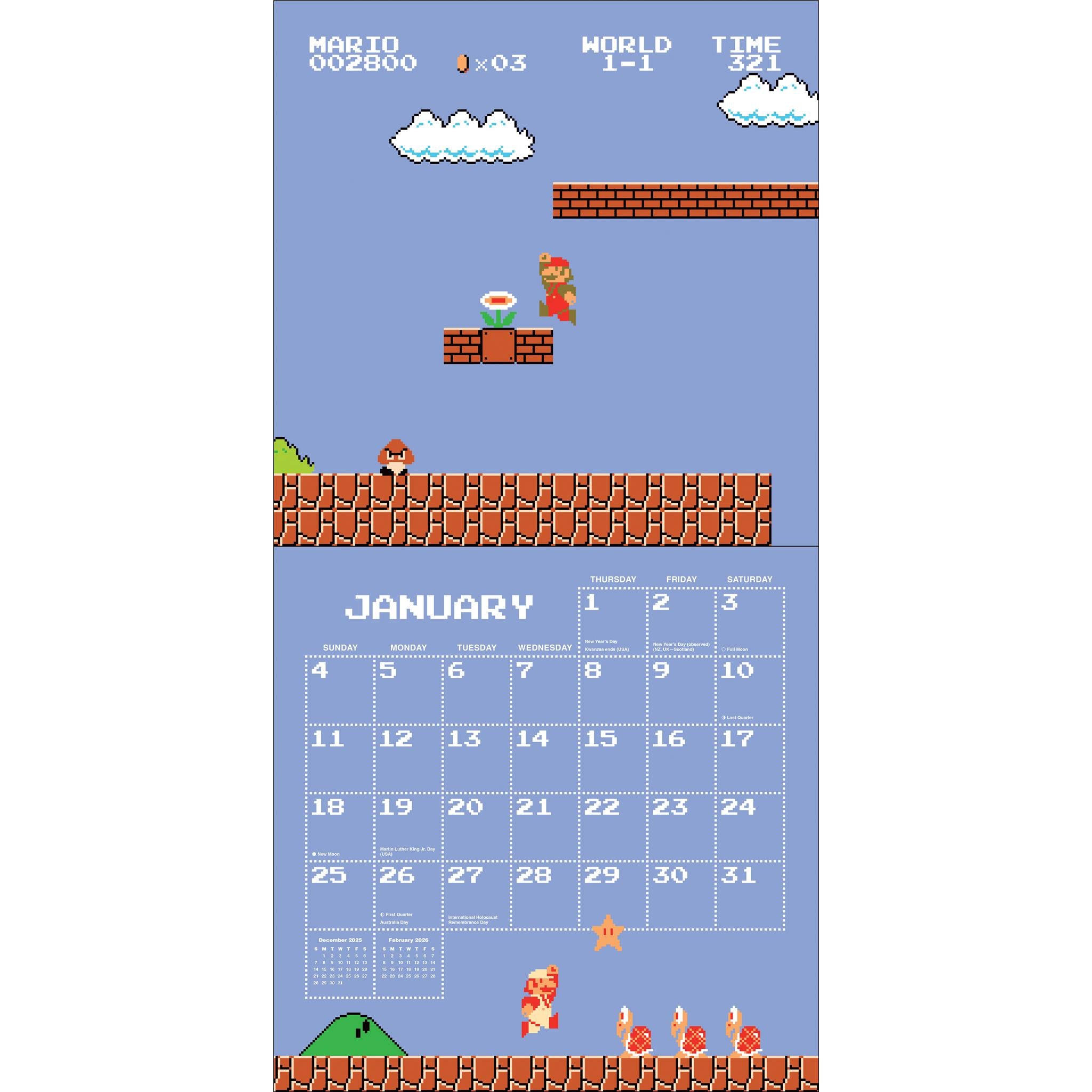 Calendrier mural 2026 Super Mario Bros. rétro 8 bits avec cartes prédécoupées