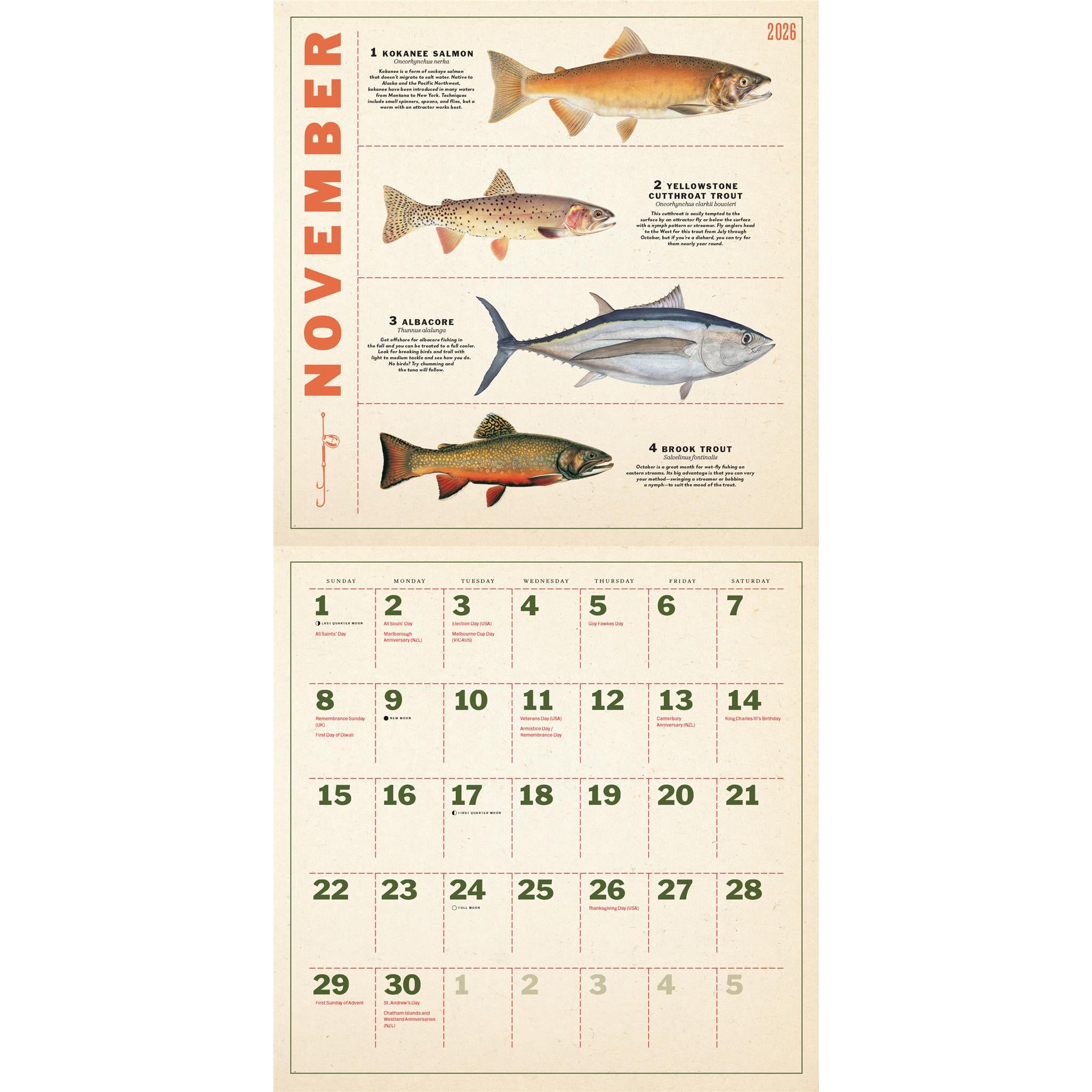 Calendrier mural des douze mois de pêche 2026