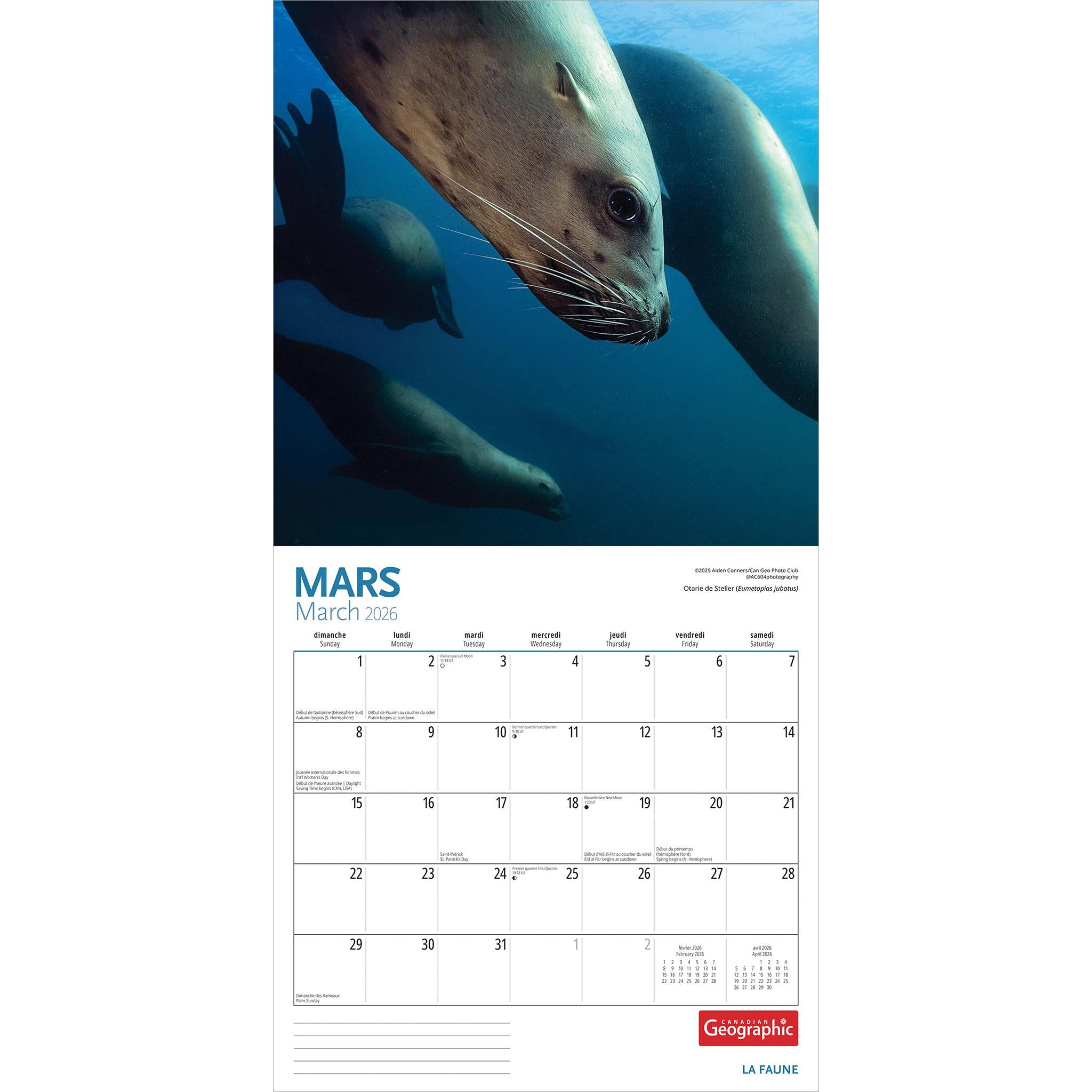 Canadian Geographic La Faune 2026 Wall Calendar (French)