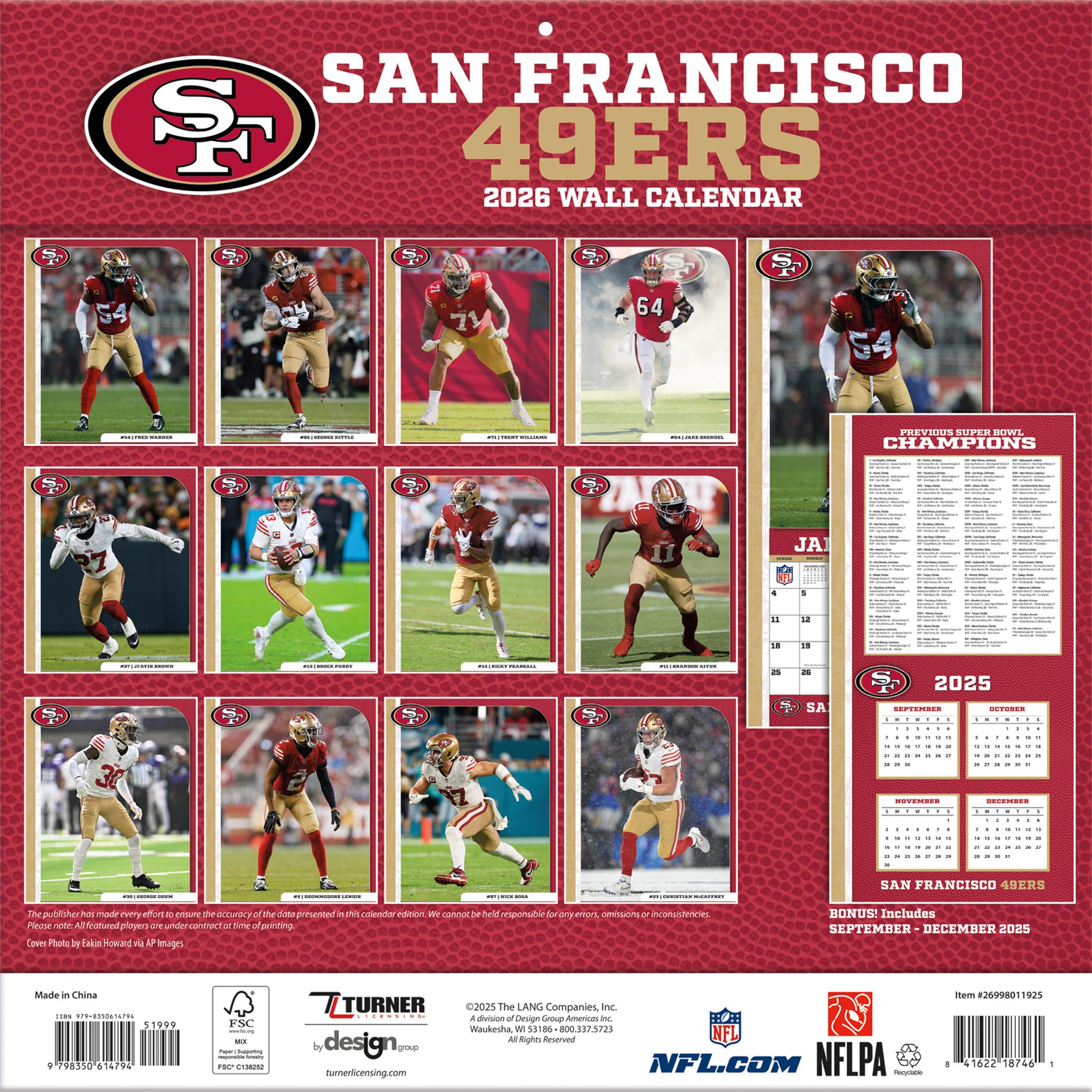 Calendrier mural 2026 des 49ers de San Francisco (NFL)