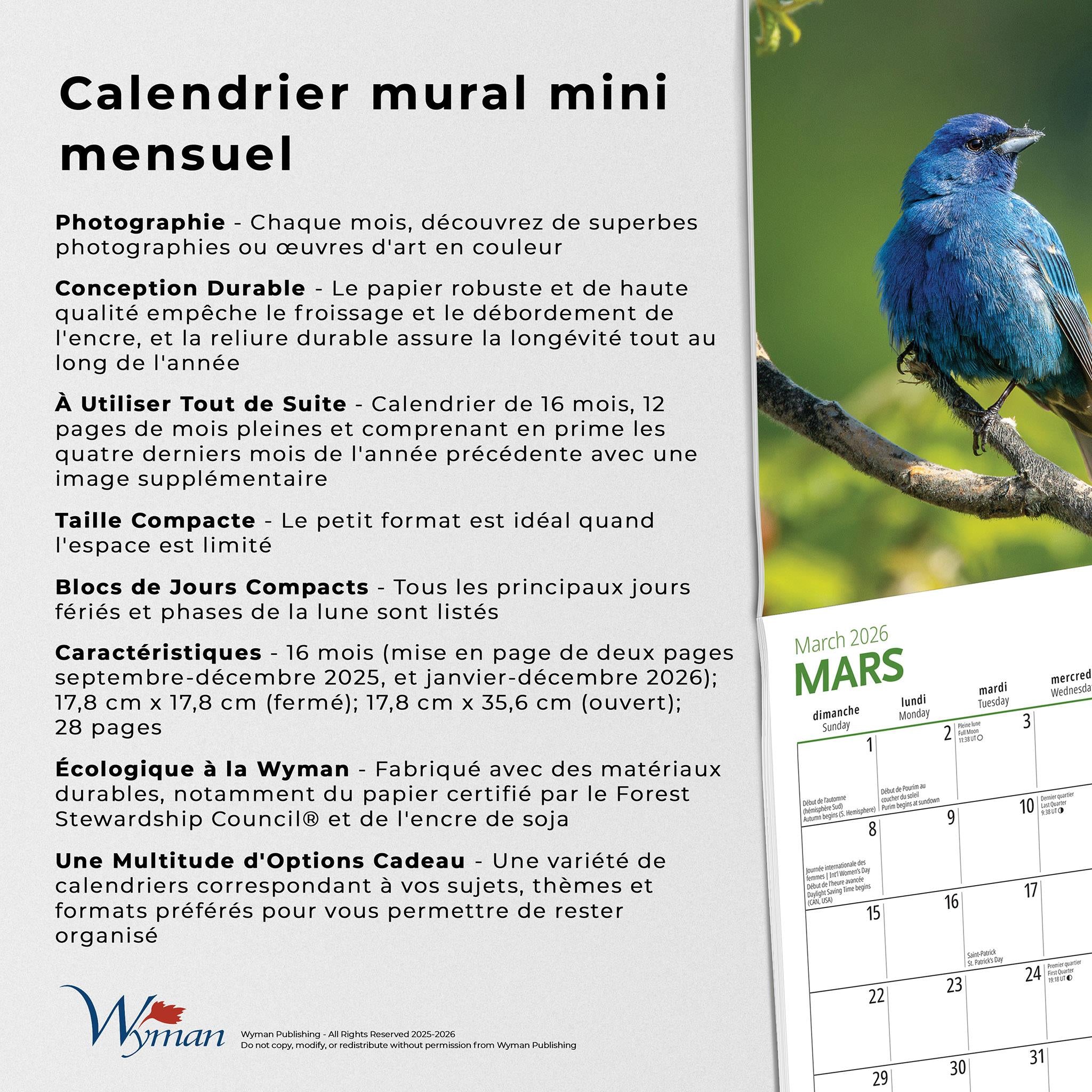 Canadian Geographic Oiseaux 2026 Mini Calendar (French)