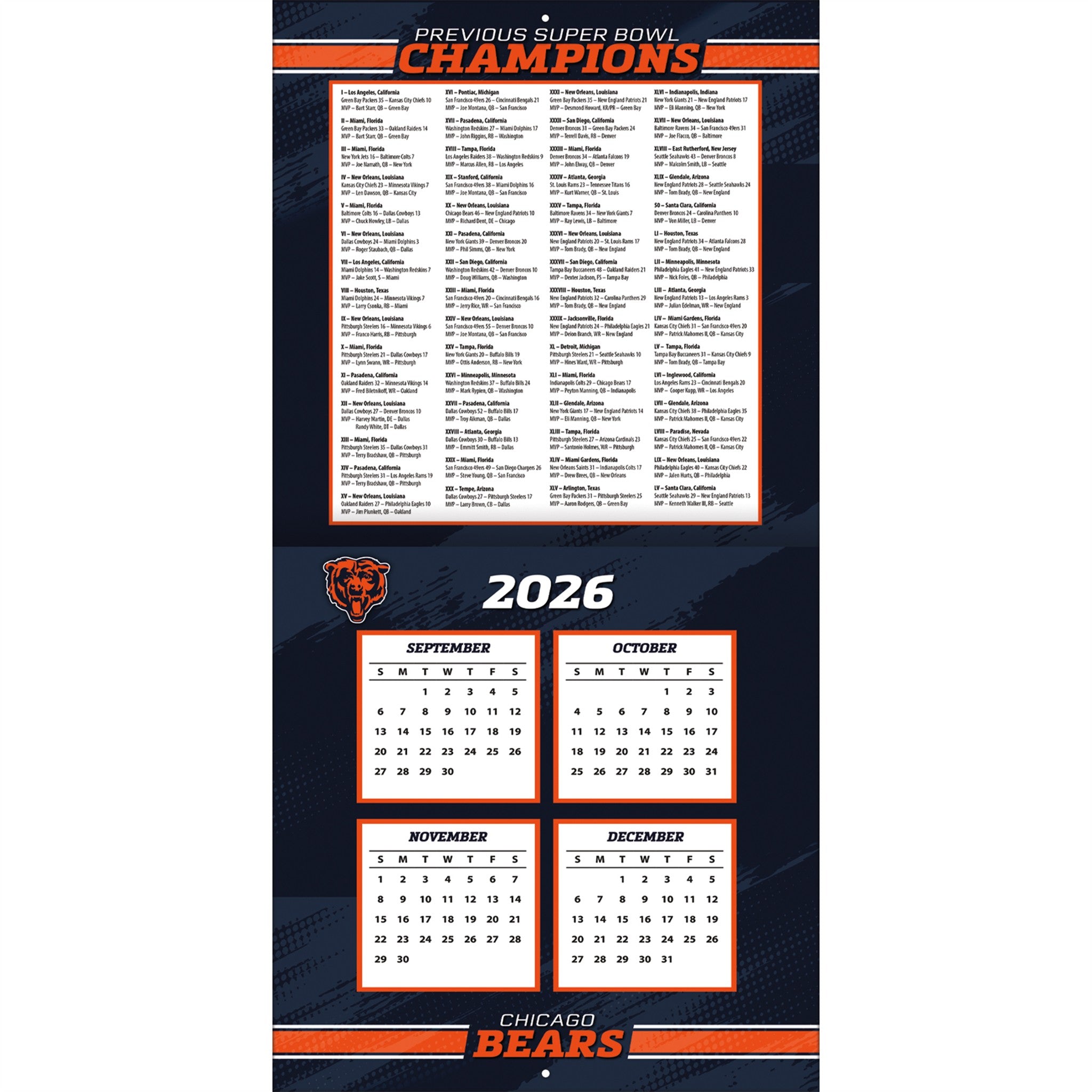 NFL Chicago Bears 2027 Wall Calendar - Online Only