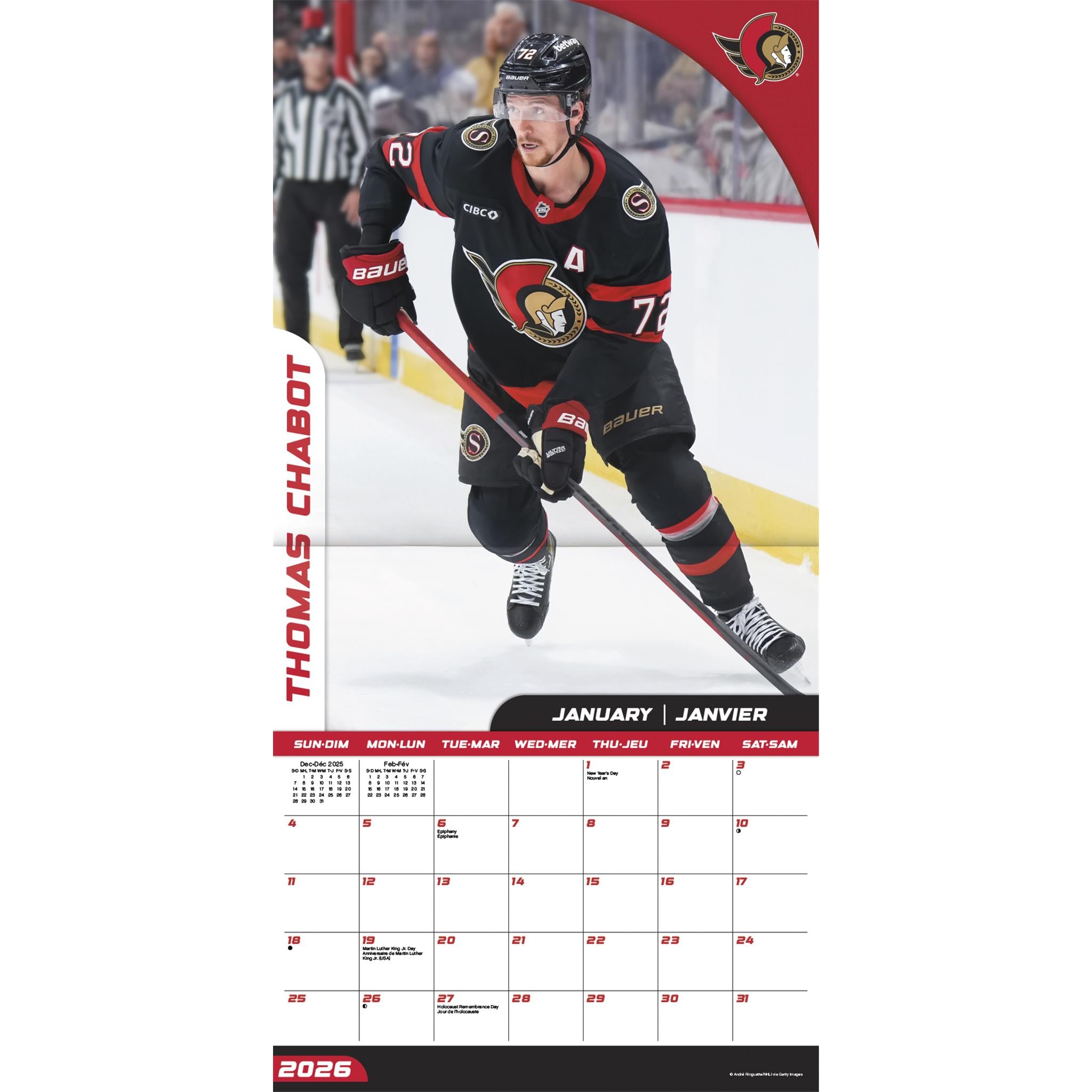 NHL Ottawa Senators Bilingual 2026 Wall Calendar