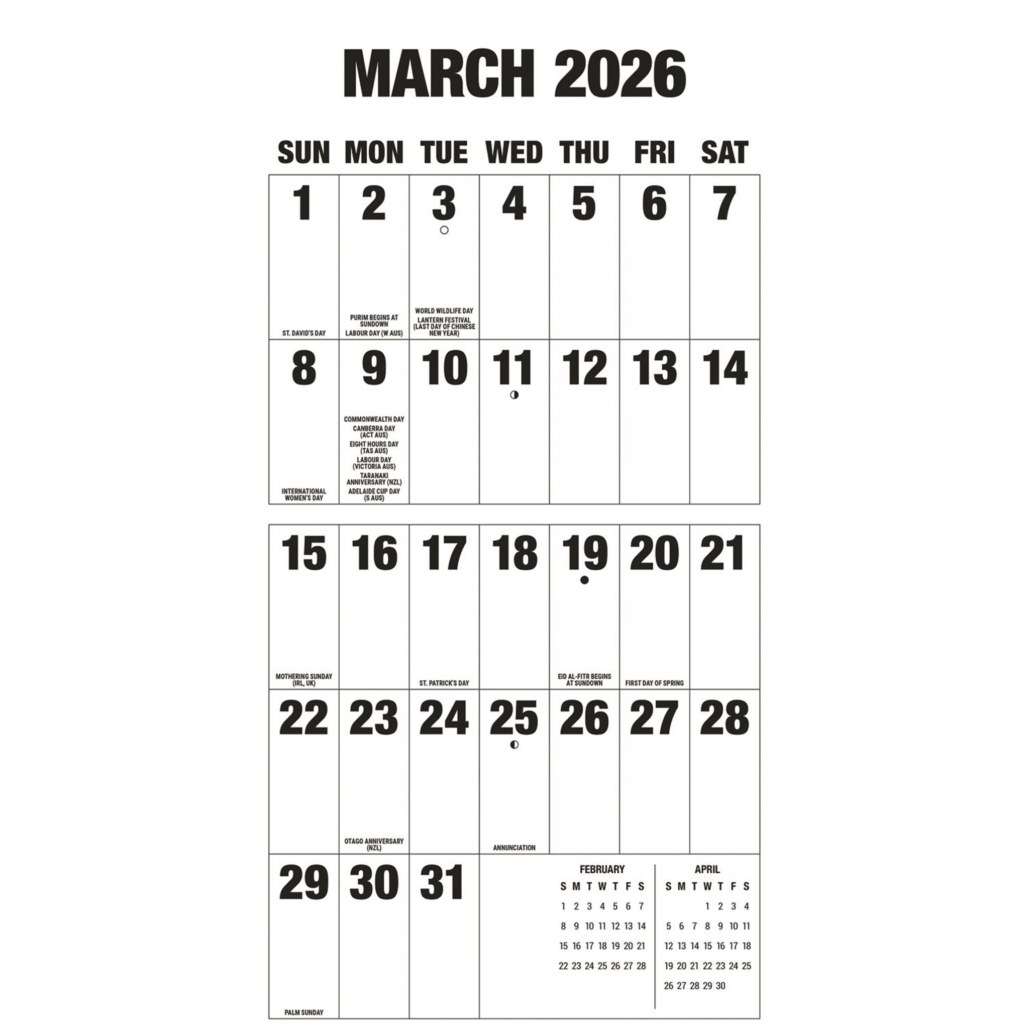 Calendrier mural 2026 avec grandes lettres et grands chiffres