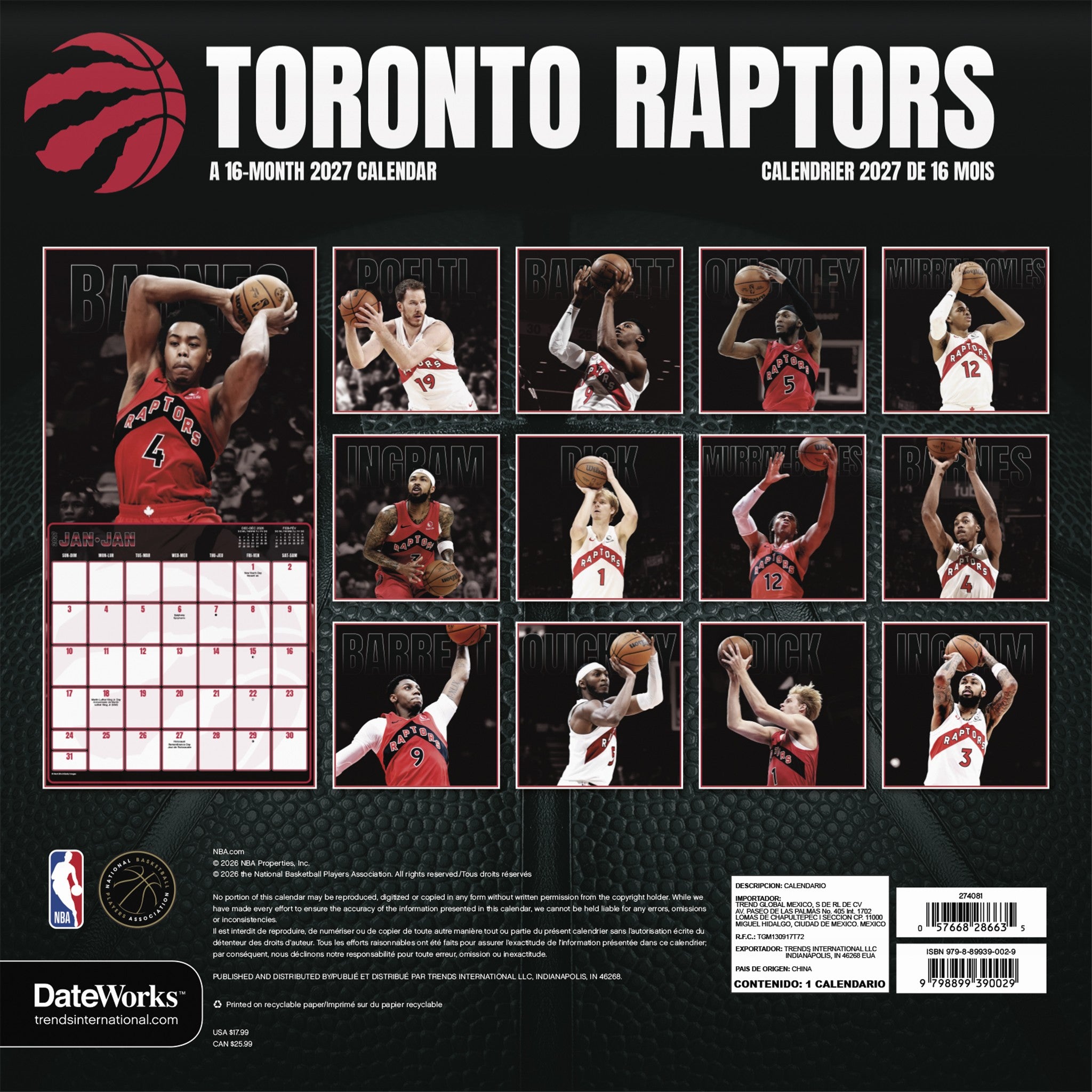 Calendrier mural NBA Toronto Raptors 2027
