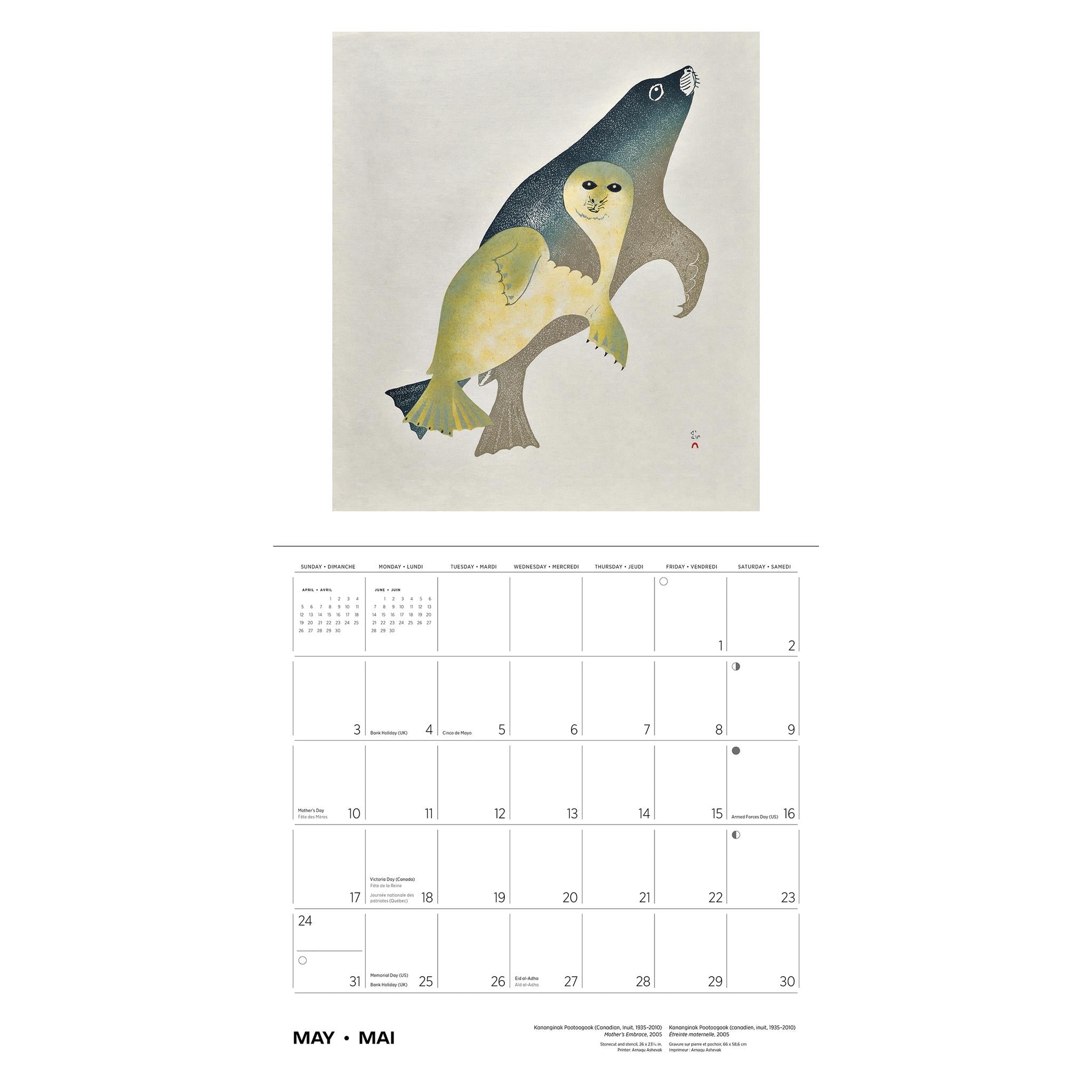 Calendrier mural édition spéciale 2026 d'Inuit Art Cape Dorset avec impression