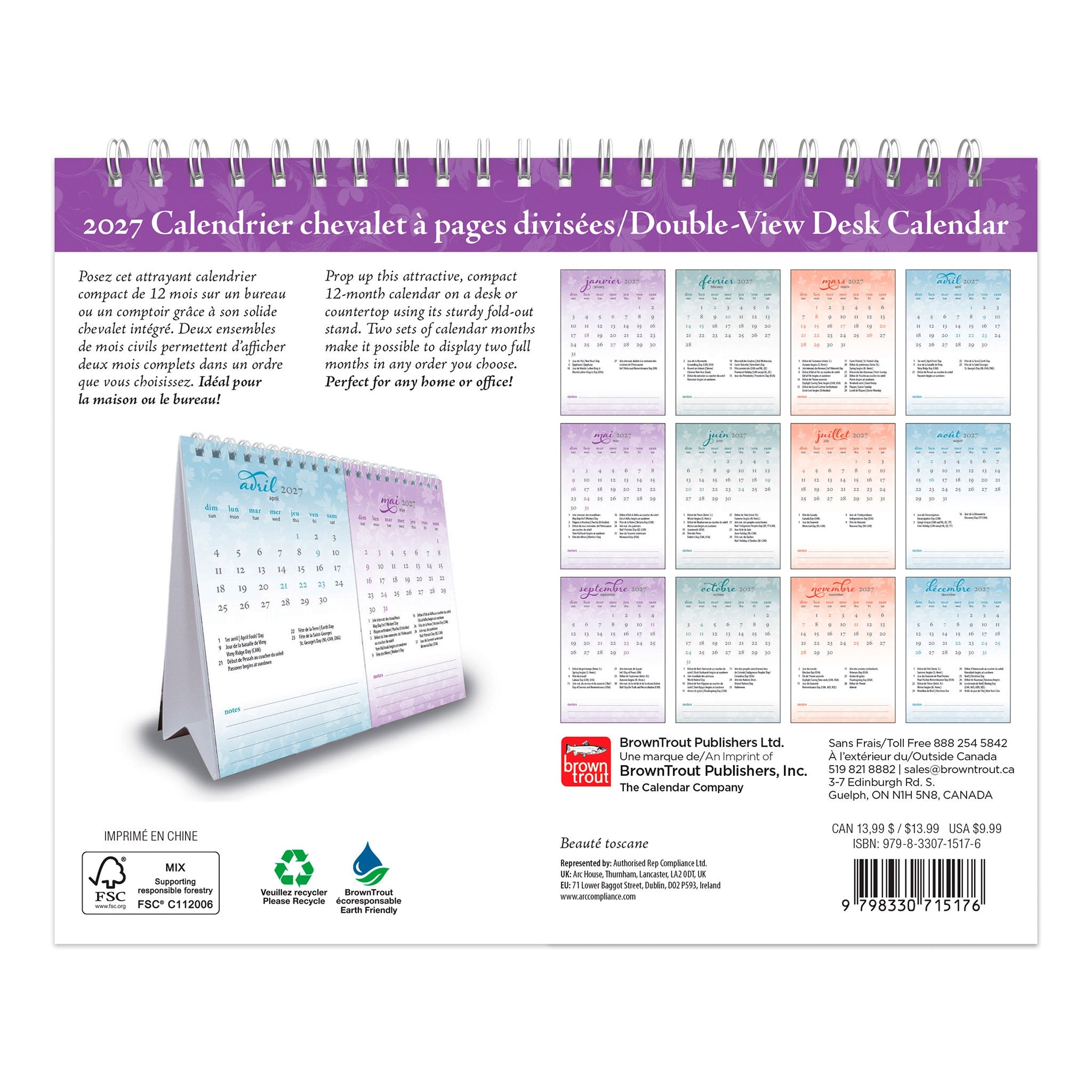 Calendrier chevalet à pages divisées Double-View 2027 Easel Calendar
