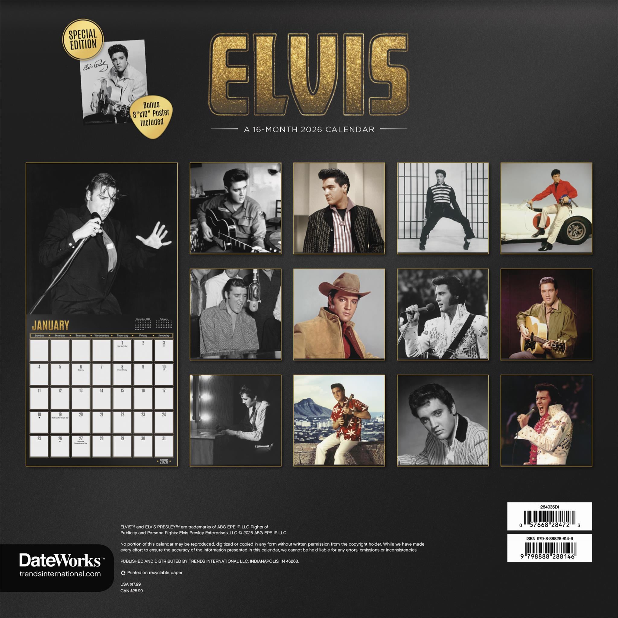 Calendrier mural de luxe exclusif Elvis Presley avec impression 2026
