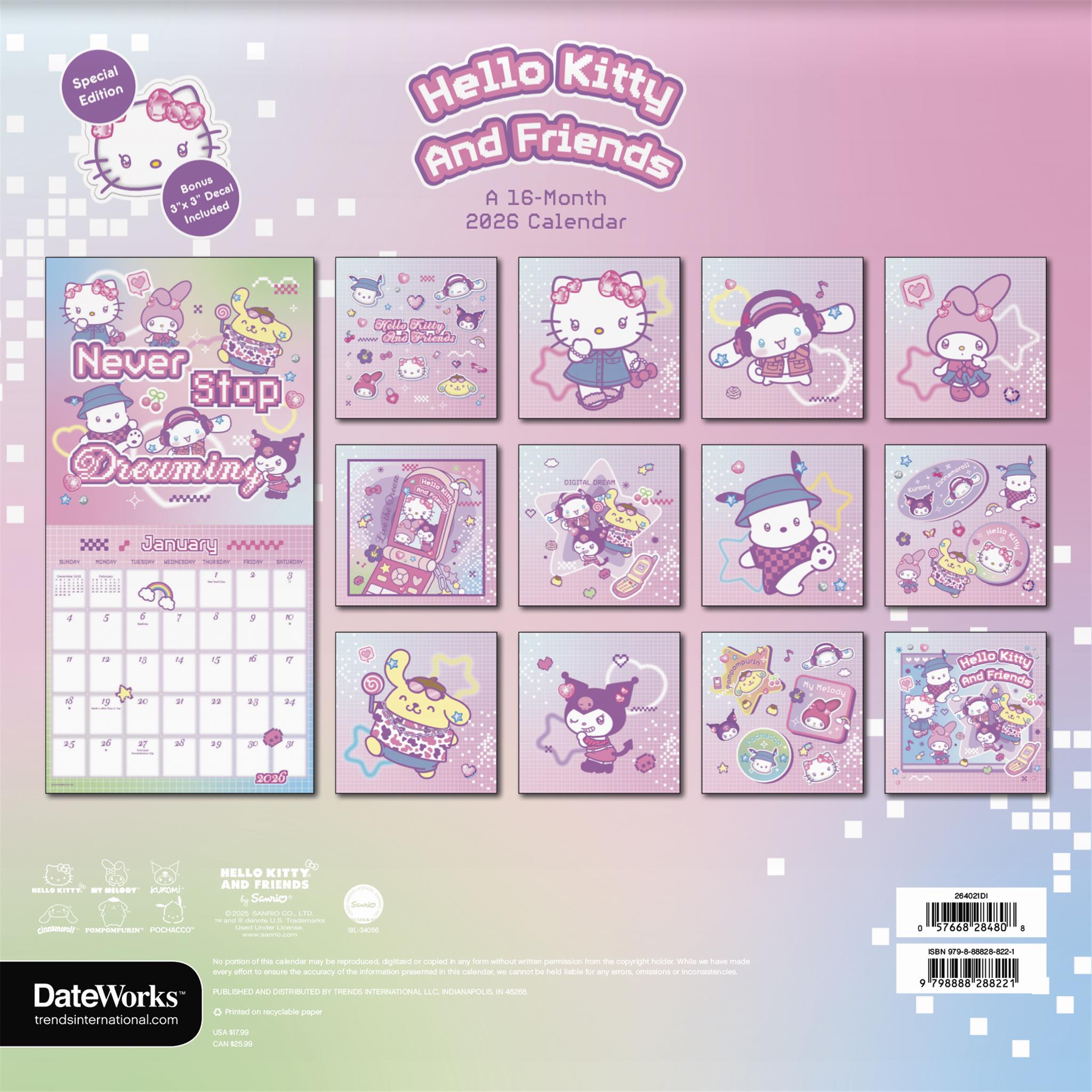 Calendrier mural de luxe Hello Kitty et ses amis exclusif avec autocollant 2026