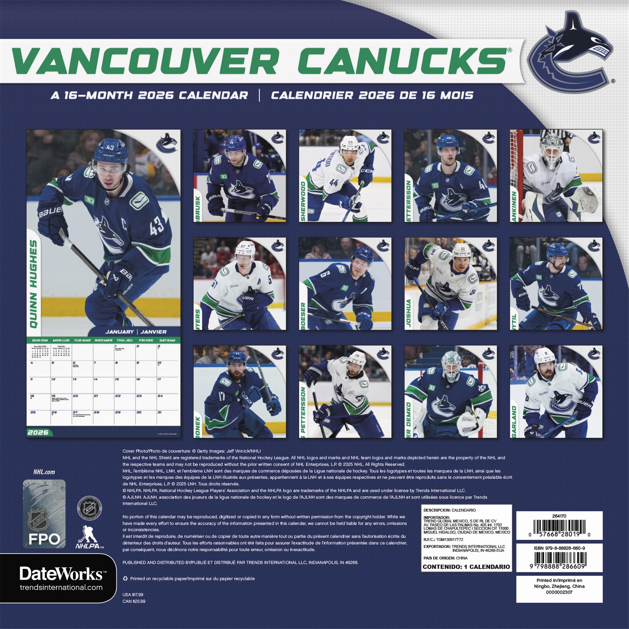 Calendrier mural bilingue 2026 des Canucks de Vancouver (NHL)