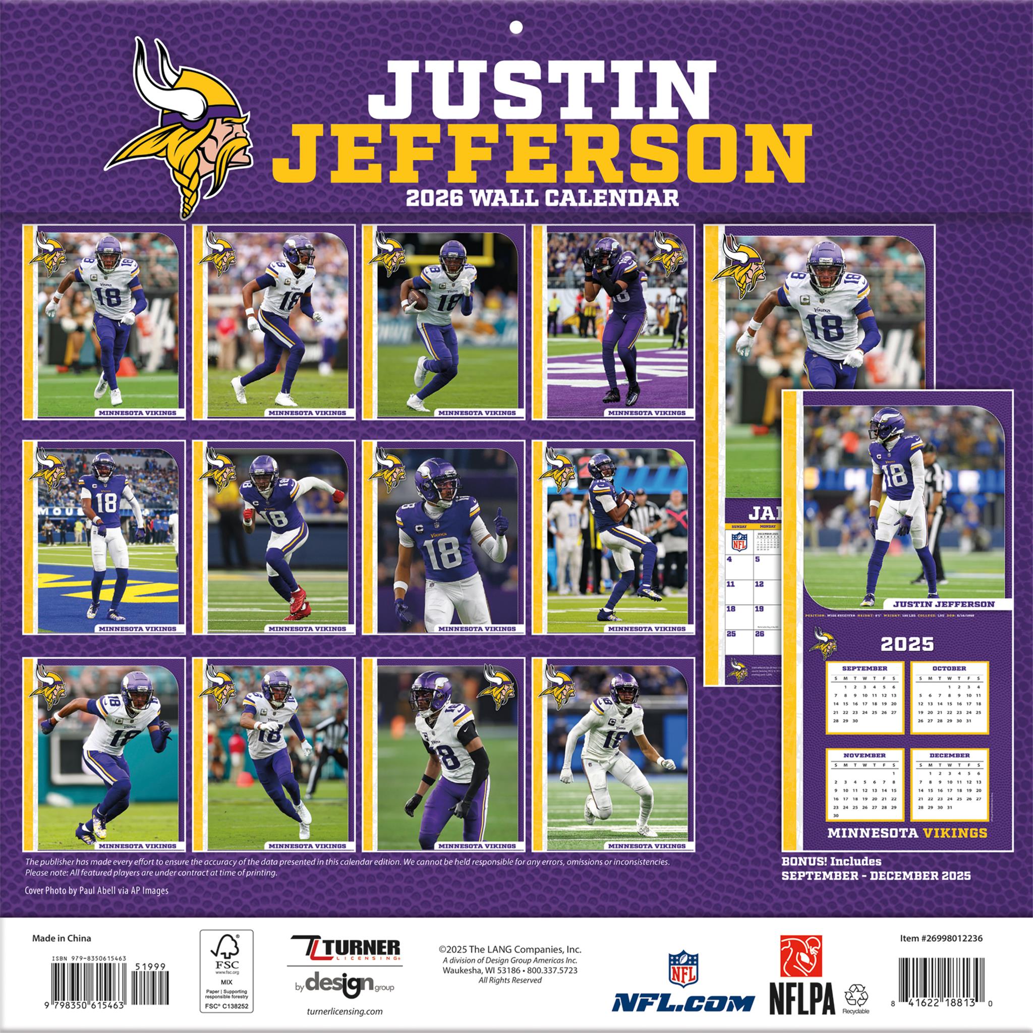Calendrier mural NFL Justin Jefferson Minnesota Vikings 2026
