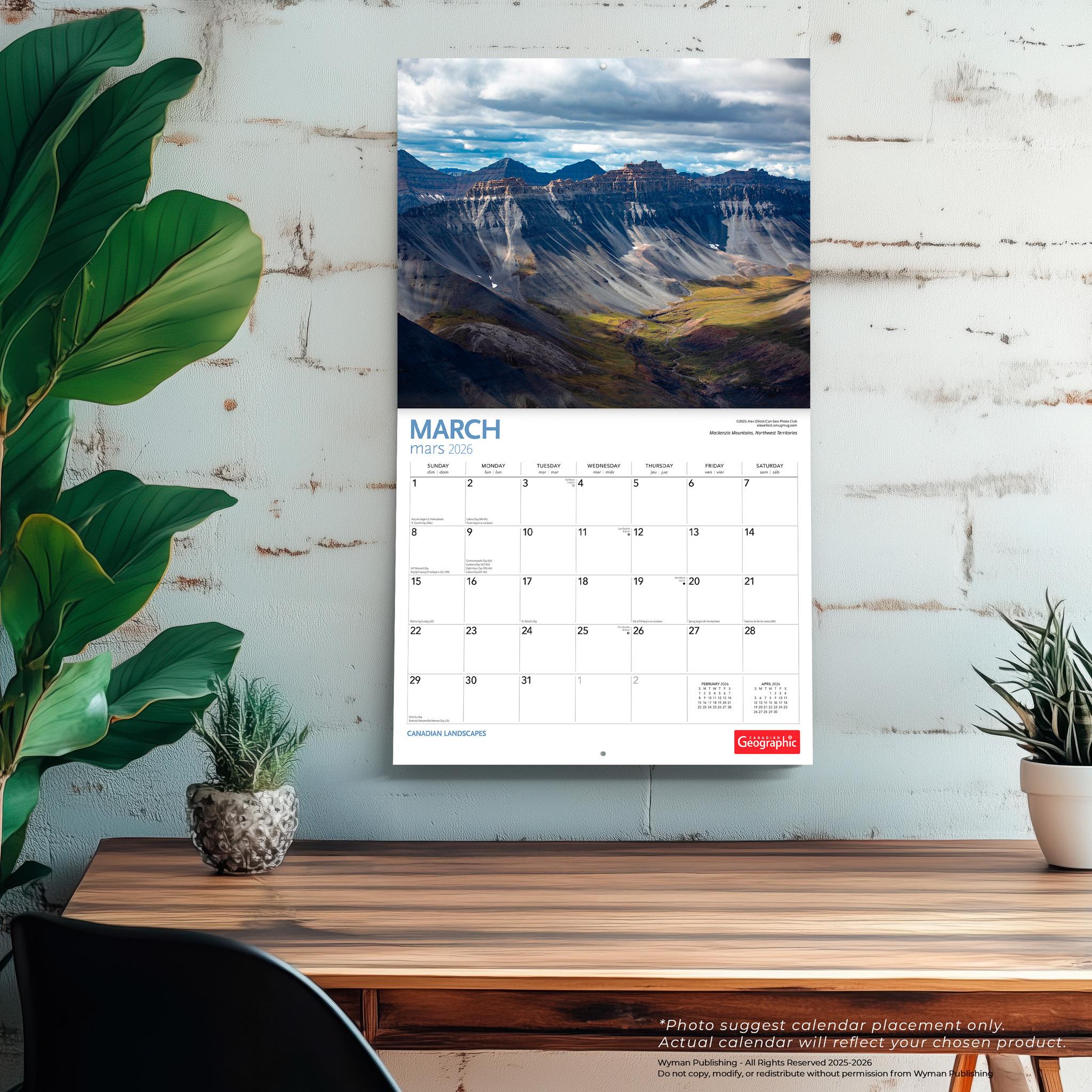 Calendrier mural 2026 de Canadian Geographic Paysages canadiens
