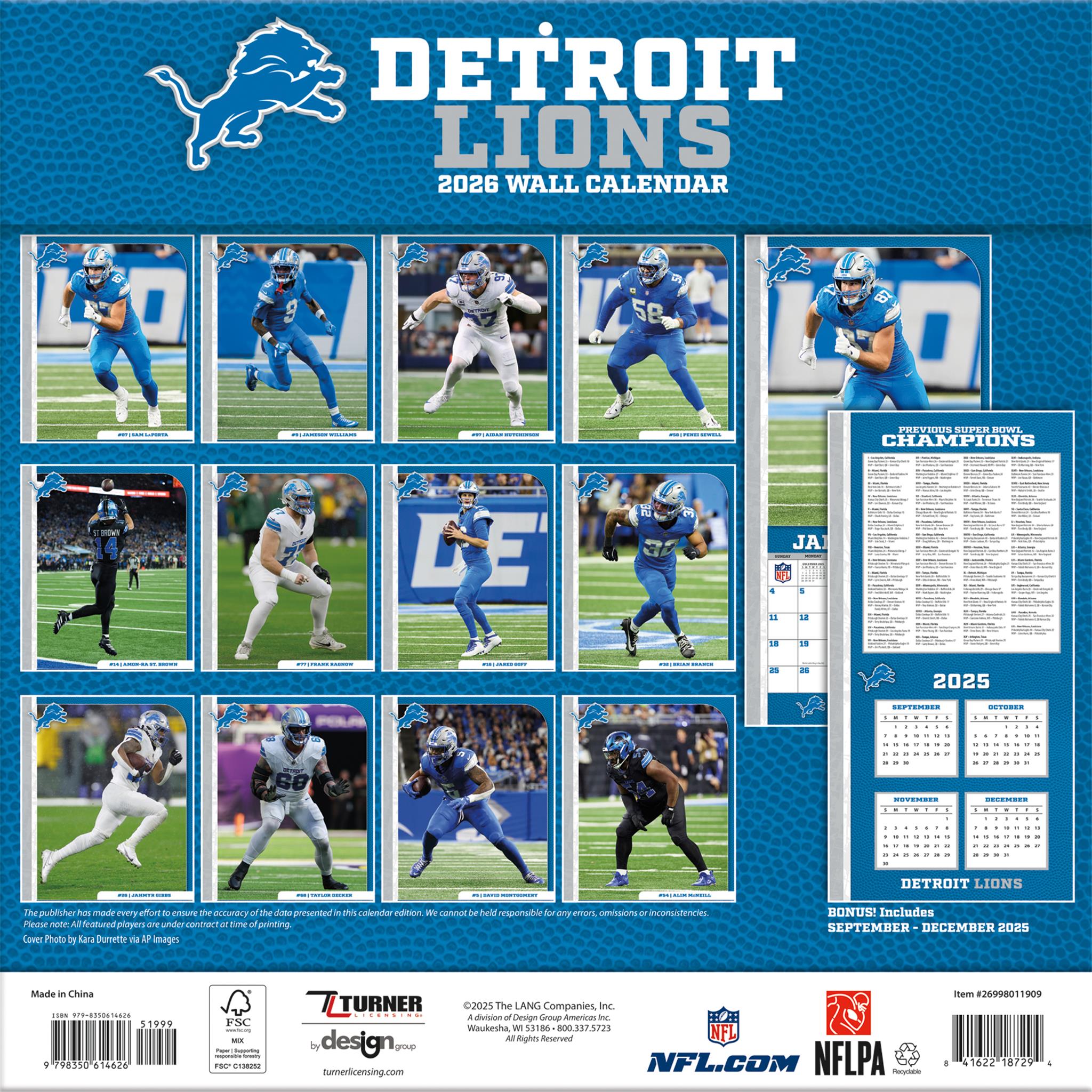 Calendrier mural NFL Detroit Lions 2026