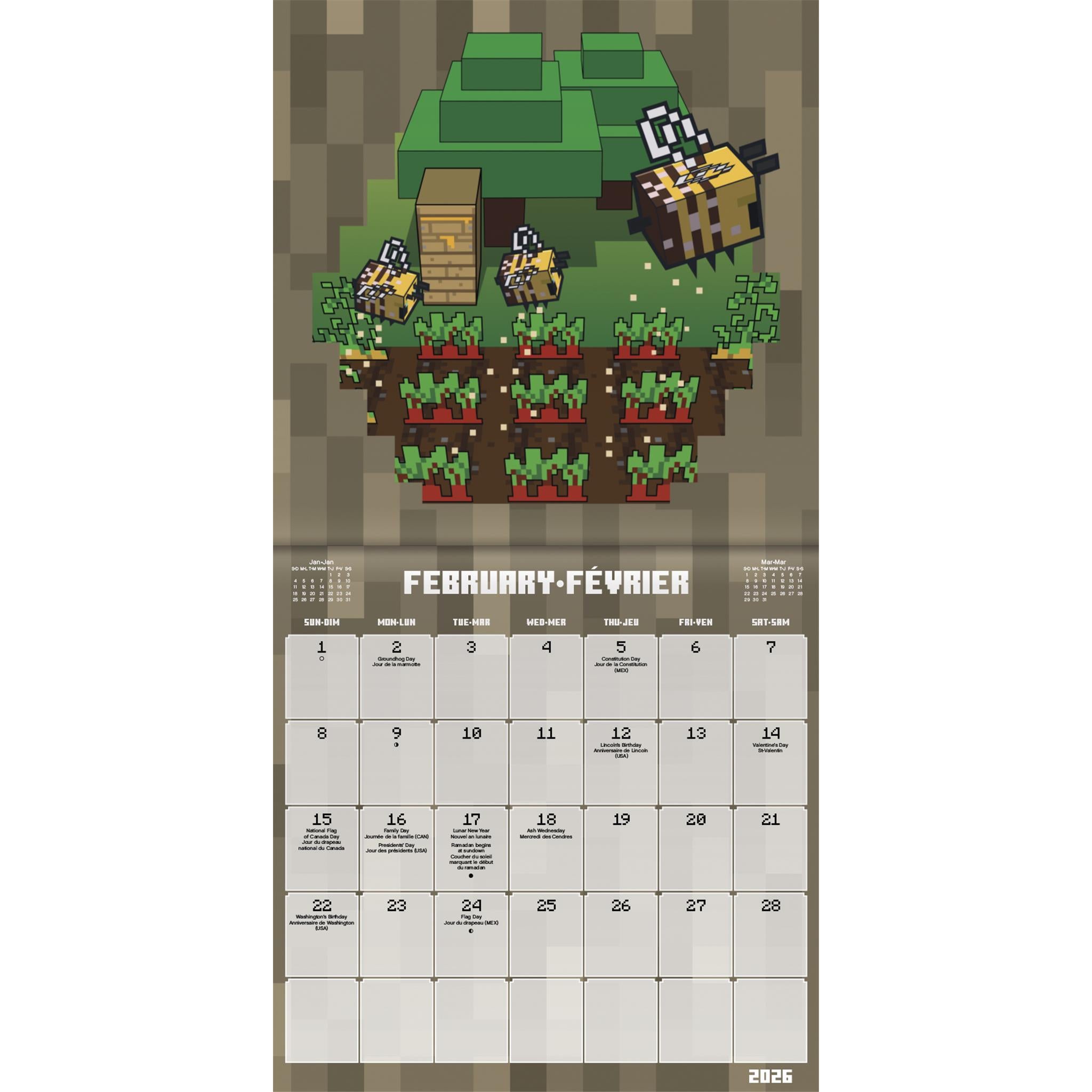 Mini-calendrier bilingue Minecraft 2026