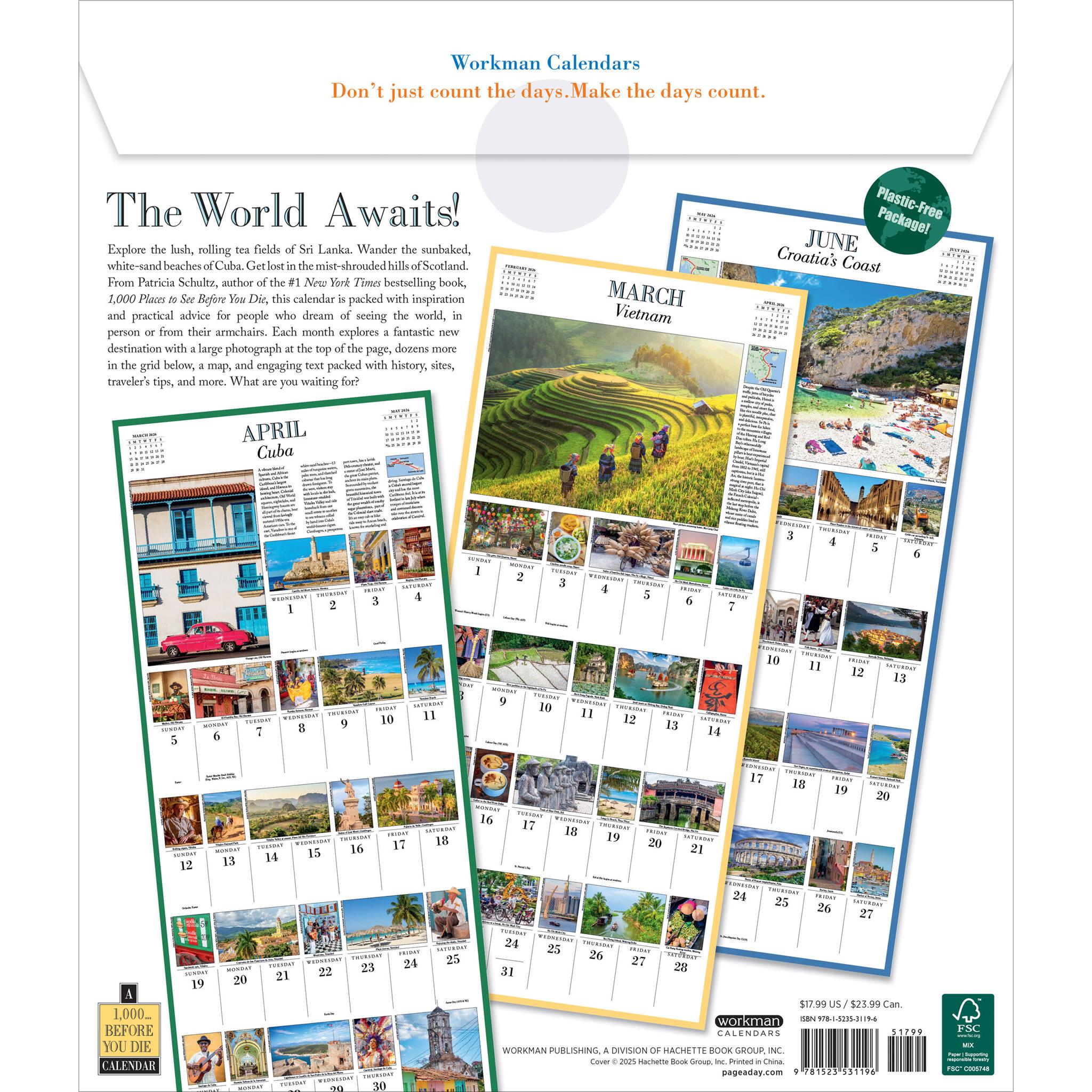 Calendrier mural 2026 des 1000 lieux à voir avant de mourir