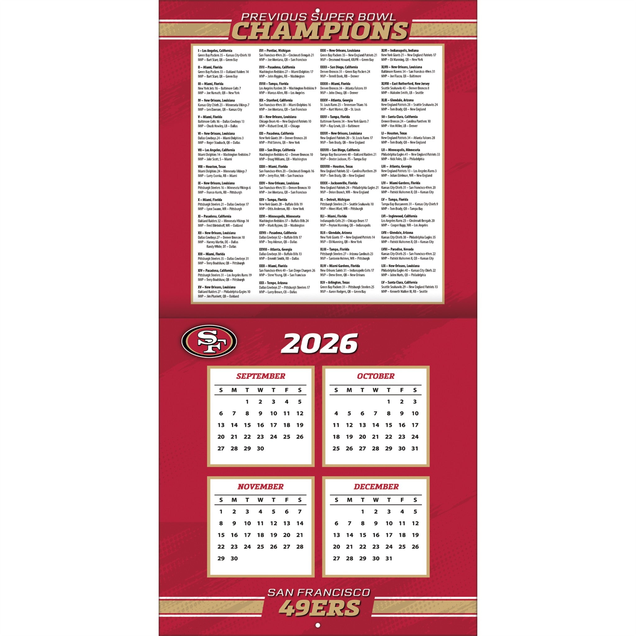 NFL San Francisco 49Ers 2027 Wall Calendar