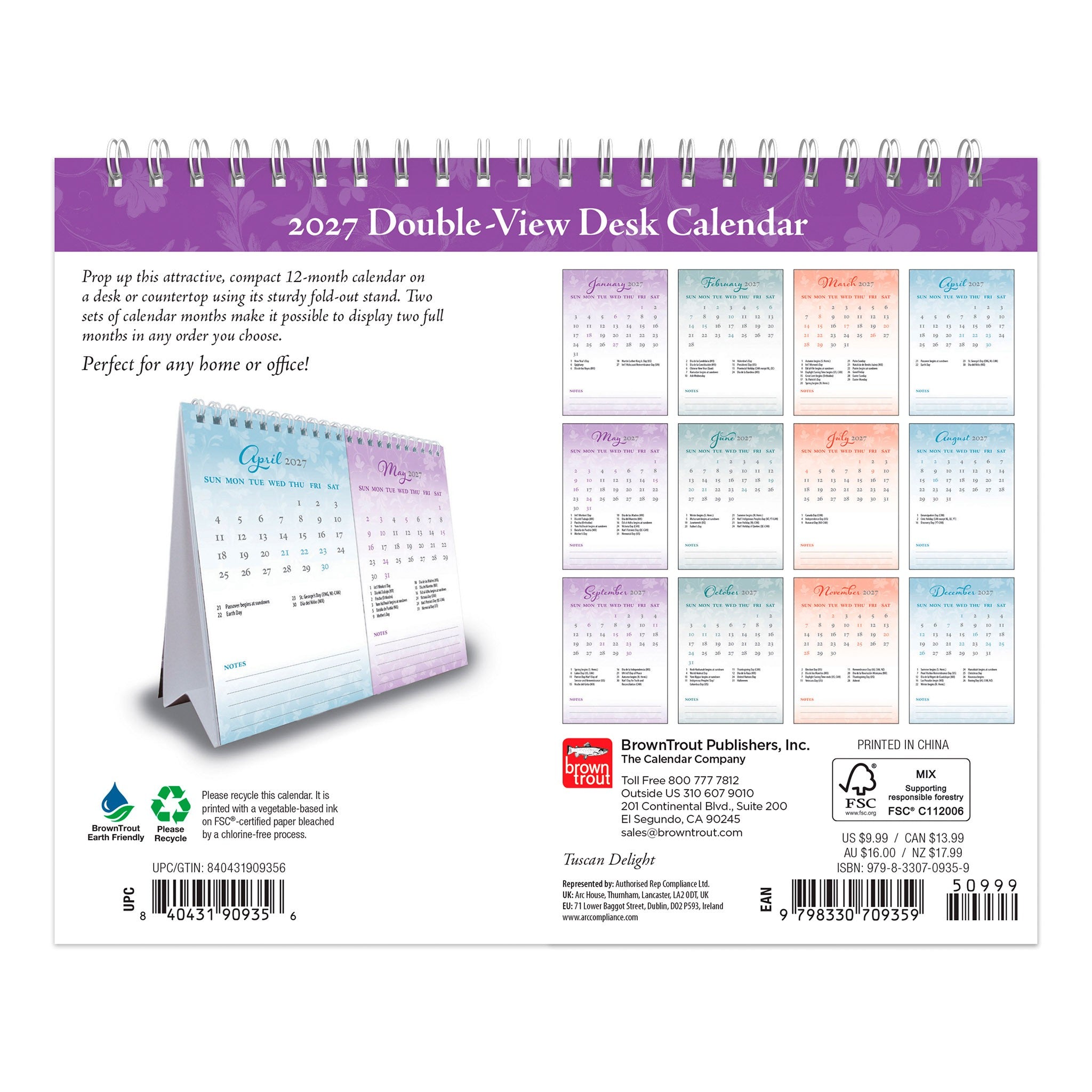 Patterned Double-View 2027 Easel Calendar
