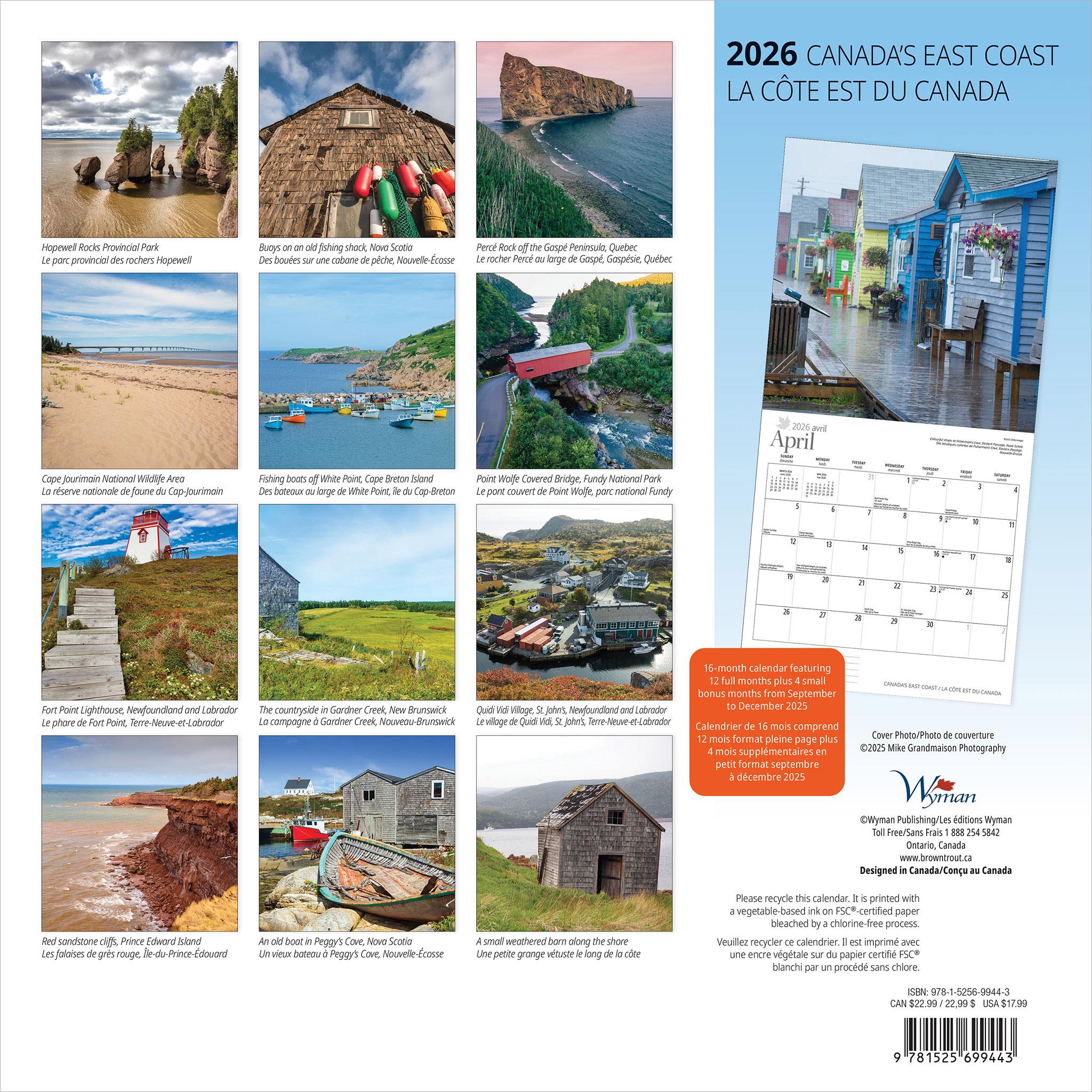 Calendrier mural de la côte est du Canada 2026