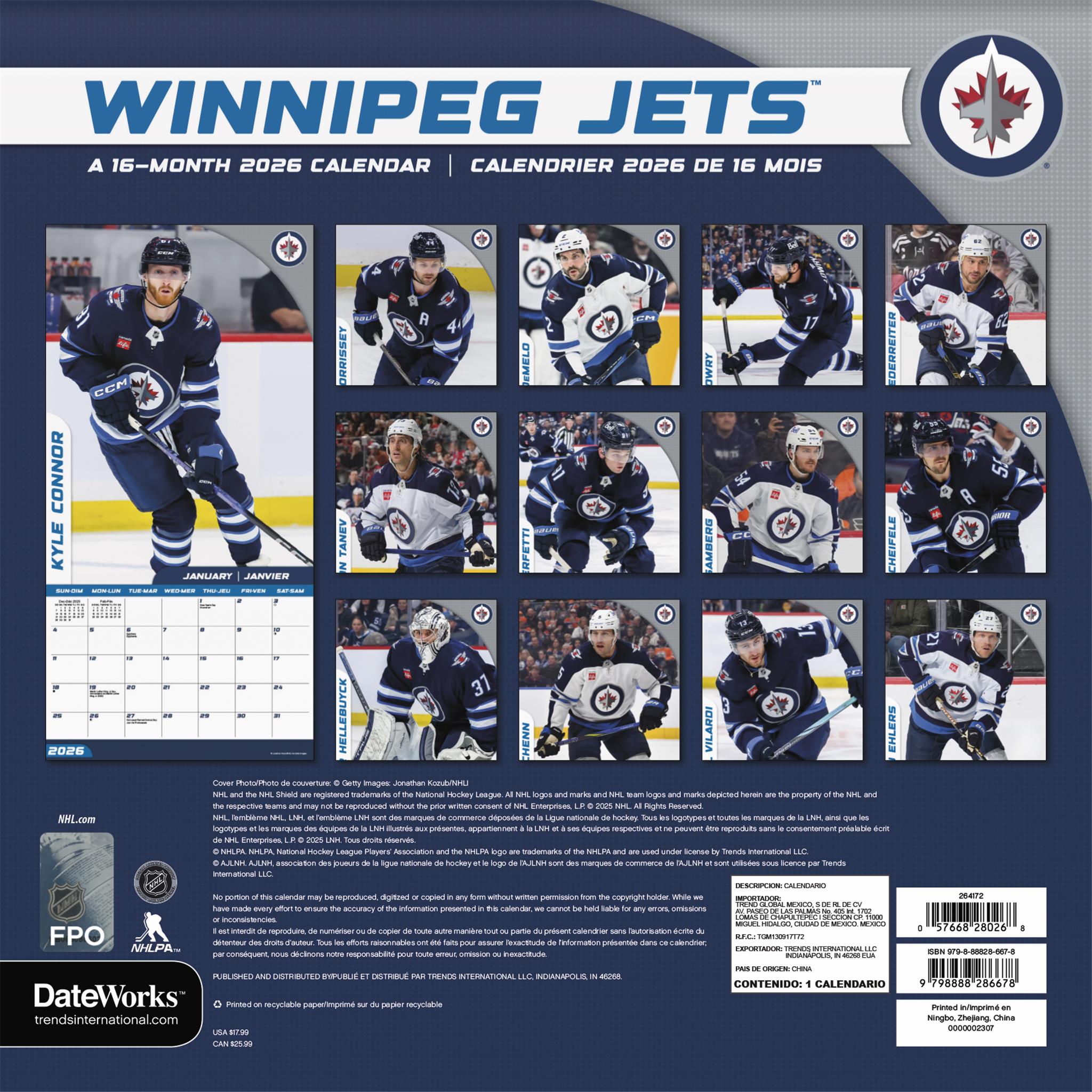 Calendrier mural bilingue 2026 des Jets de Winnipeg de la LNH