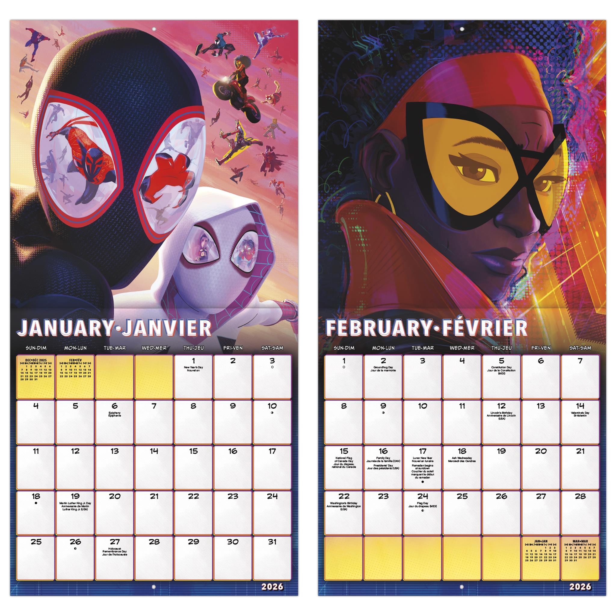Calendrier mural bilingue Spider-Man: Across the Spider-Verse 2026