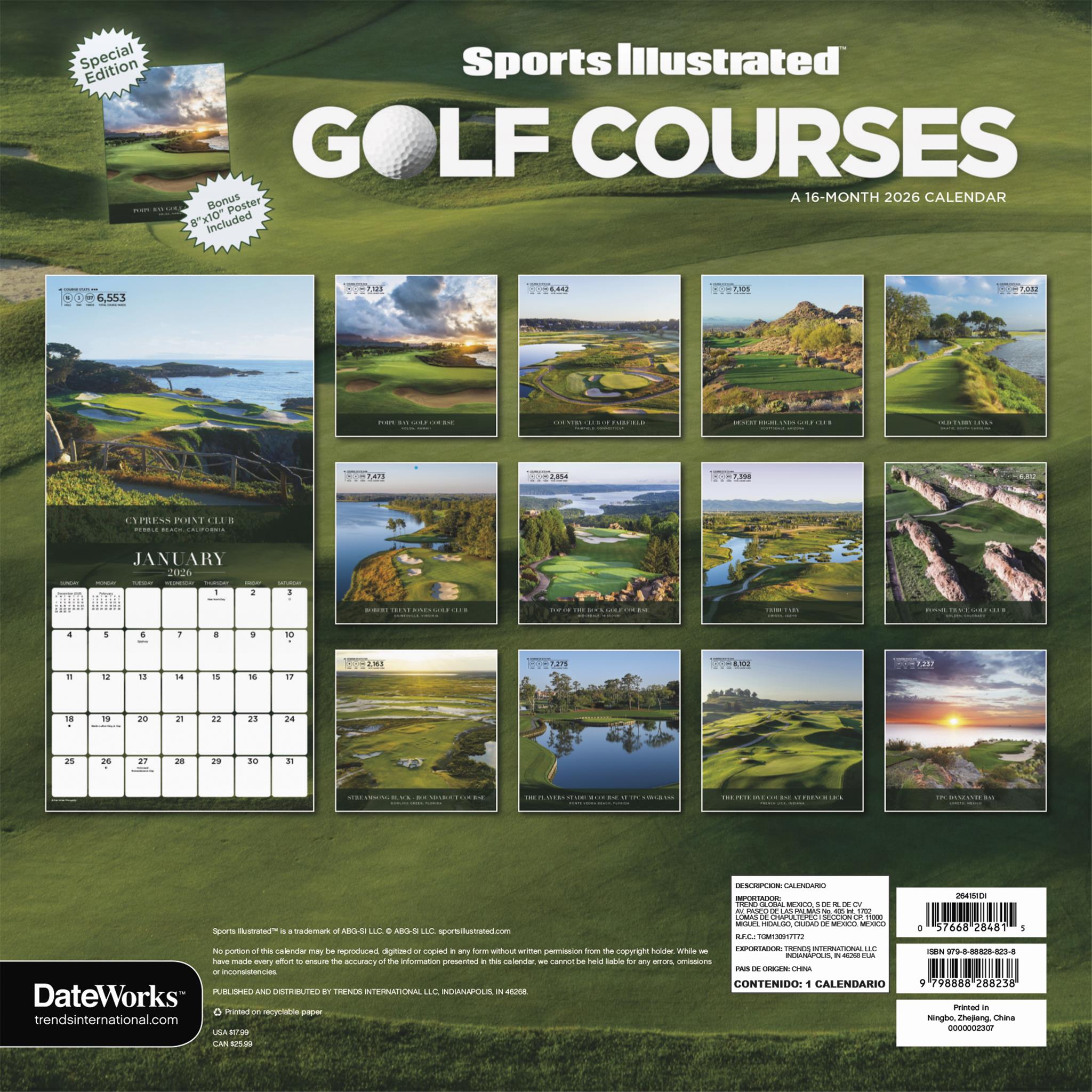 Calendrier mural de luxe 2026 exclusif Sports Illustrated Golf Courses avec impression