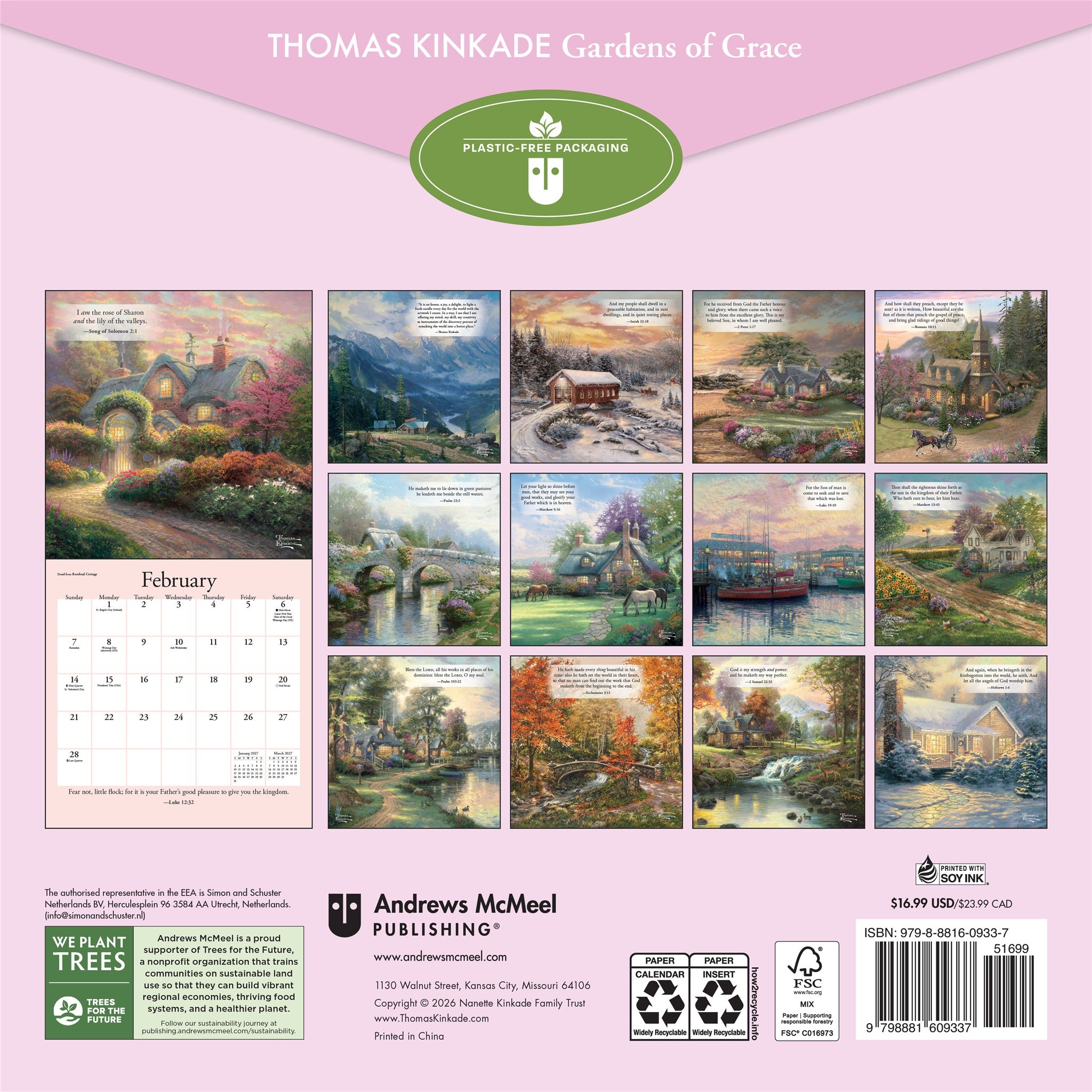 Calendrier mural 2027 Thomas Kinkade Gardens of Grace avec versets bibliques