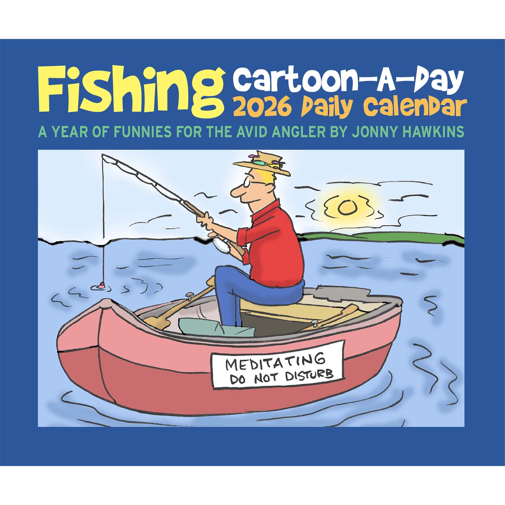 Calendrier 2026 avec un dessin animé de pêche par jour de Jonny Hawkins