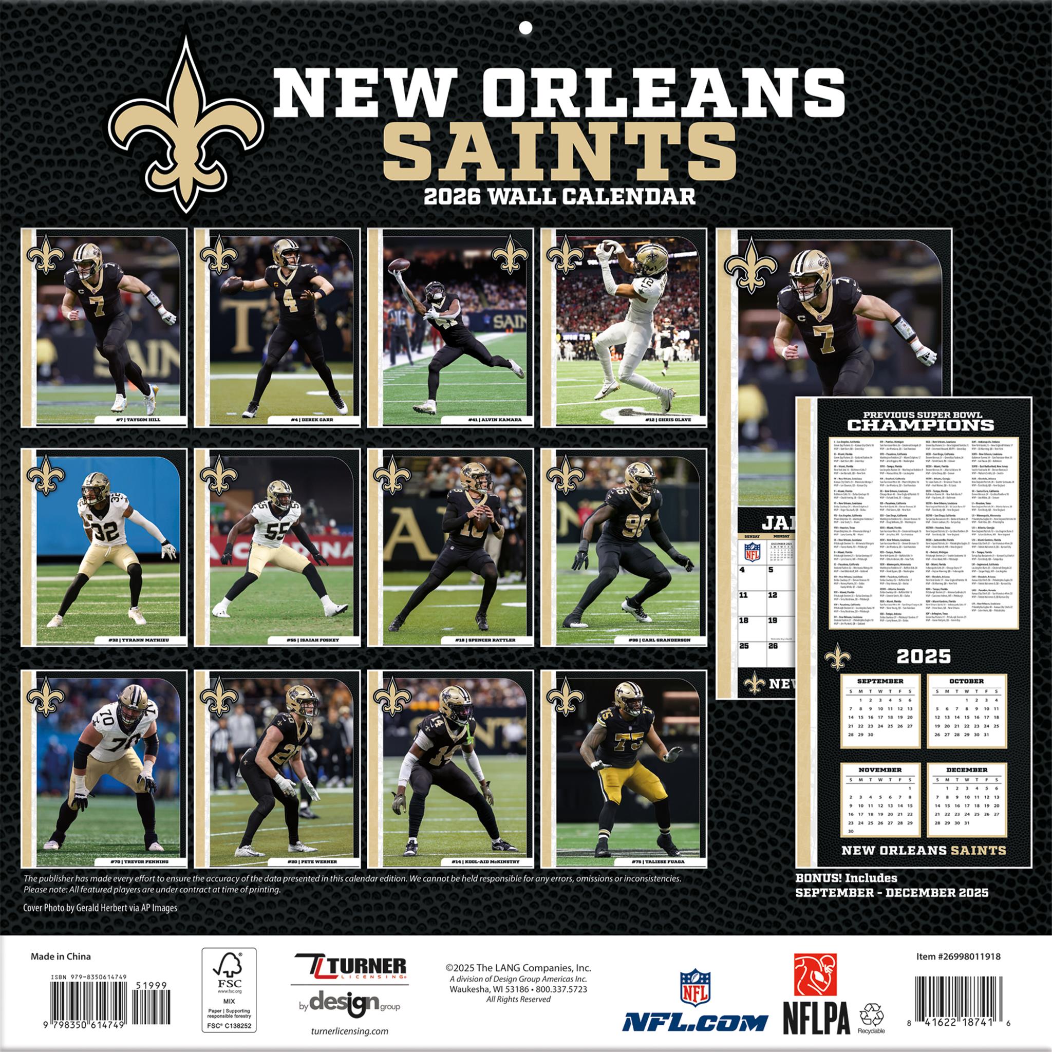 Calendrier mural 2026 des Saints de la Nouvelle-Orléans (NFL)