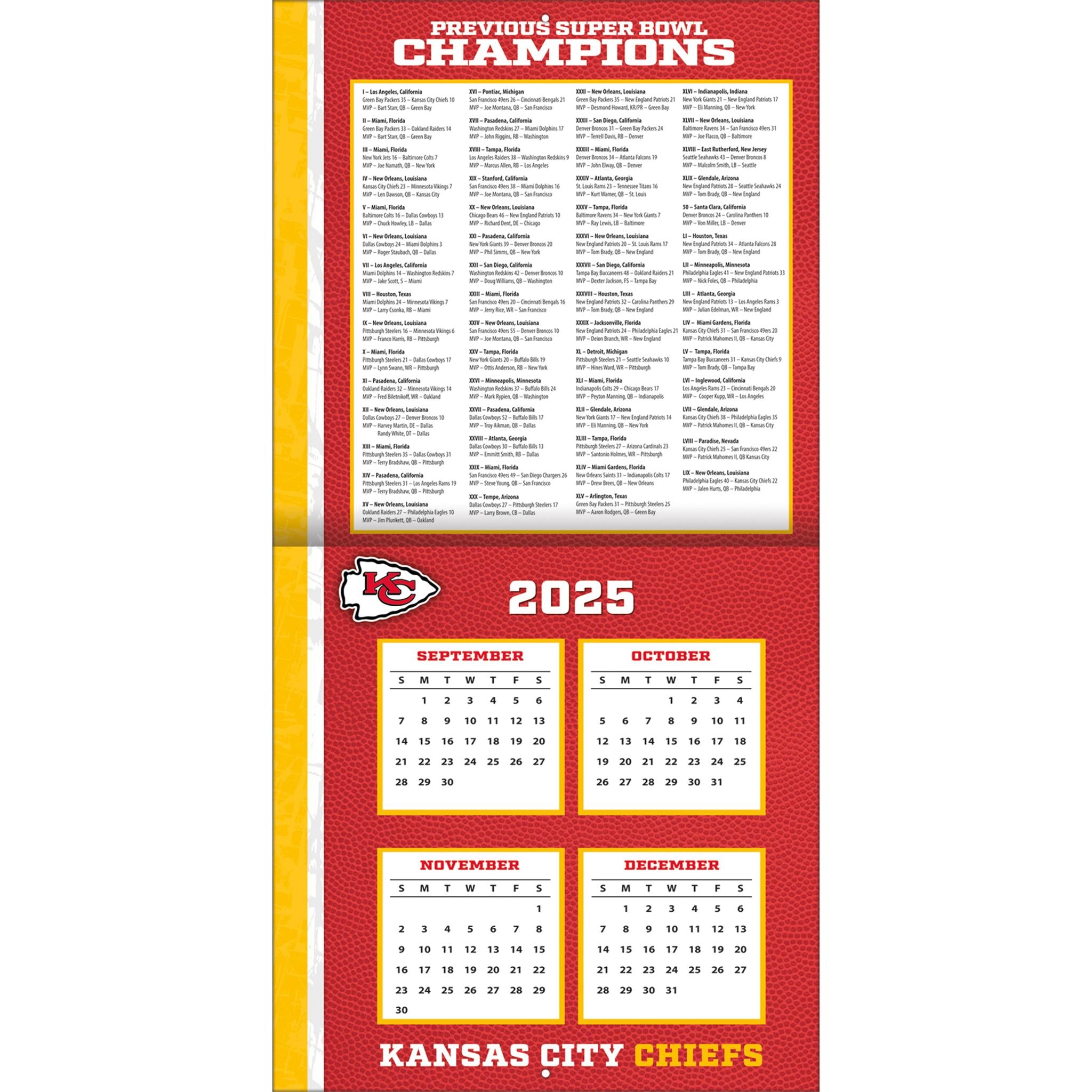 Calendrier mural NFL Kansas City Chiefs 2026