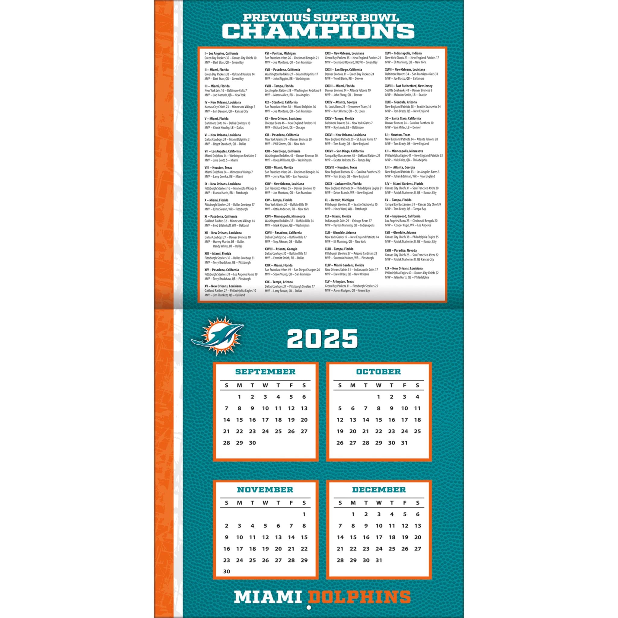 Calendrier mural NFL Miami Dolphins 2026 - Disponible uniquement en ligne
