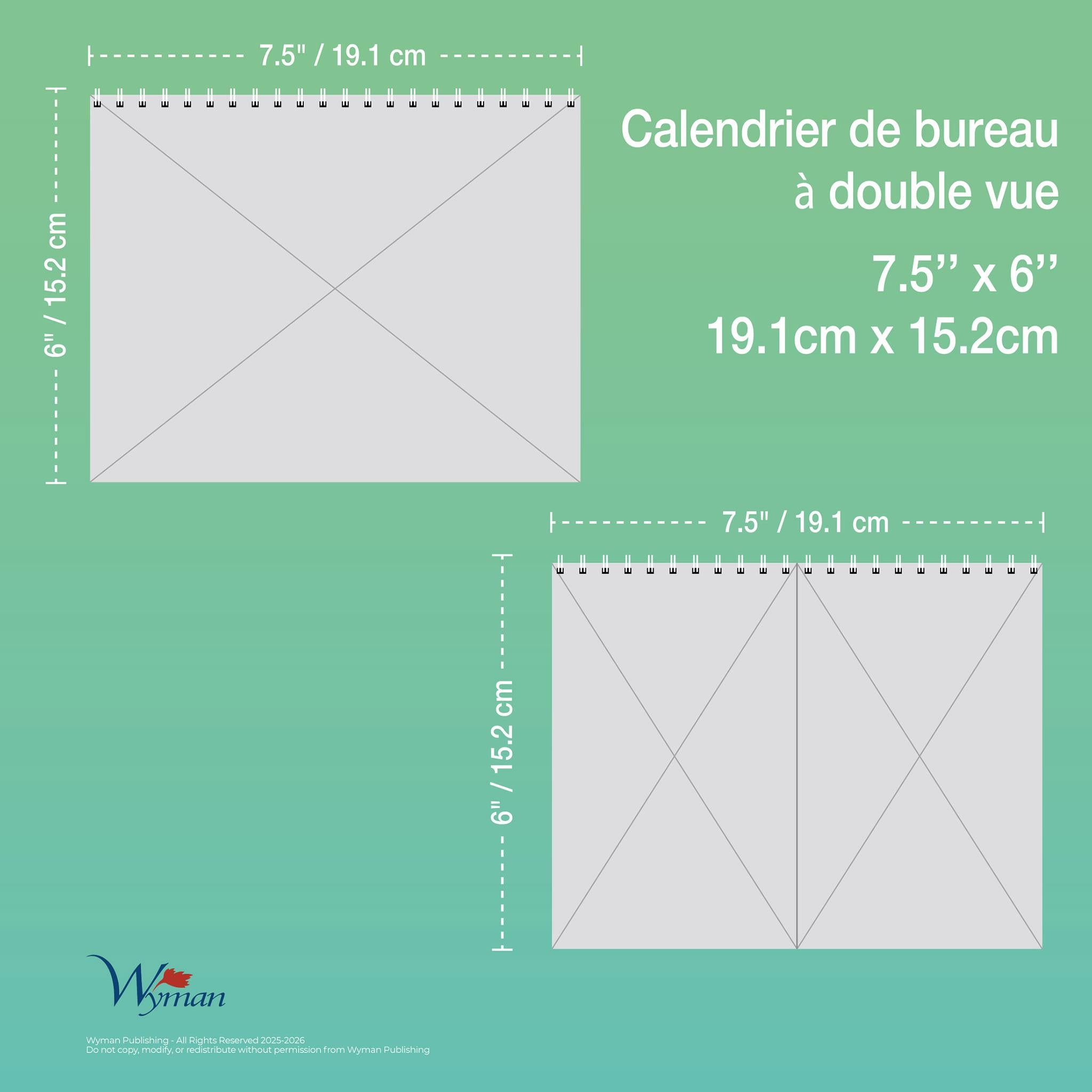 Calendrier chevalet double vue Québec 2026 (français)