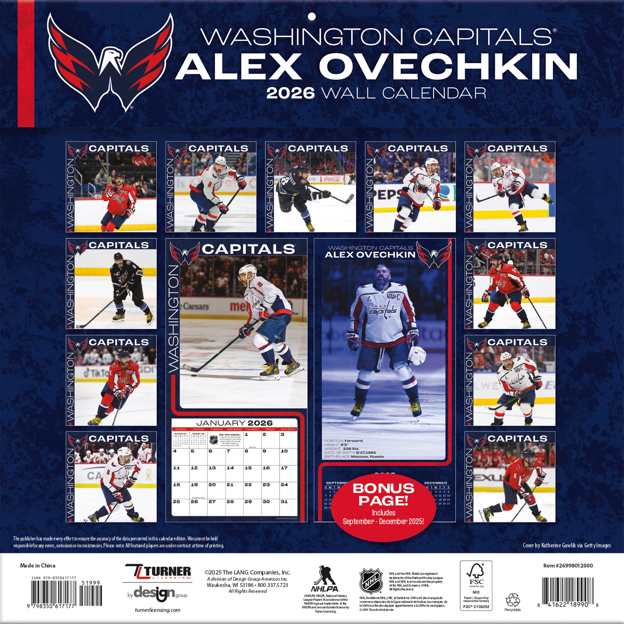 Calendrier mural 2026 d'Alex Ovechkin, Capitals de Washington (NHL)