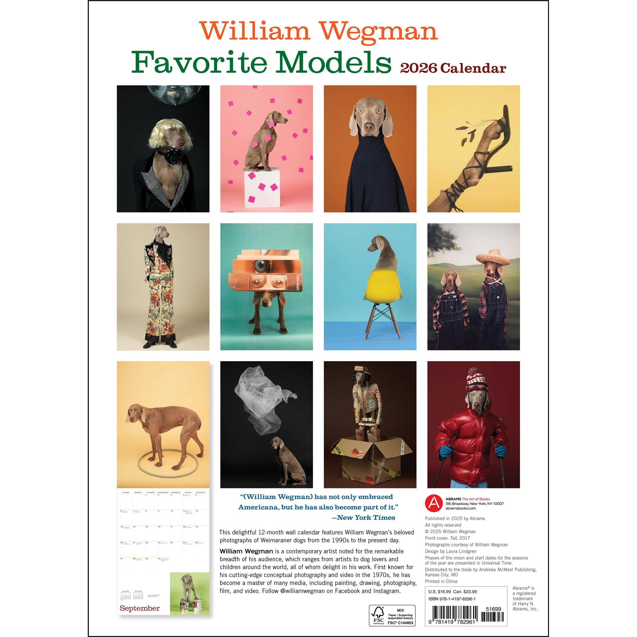 Calendrier mural 2026 des modèles préférés de William Wegman