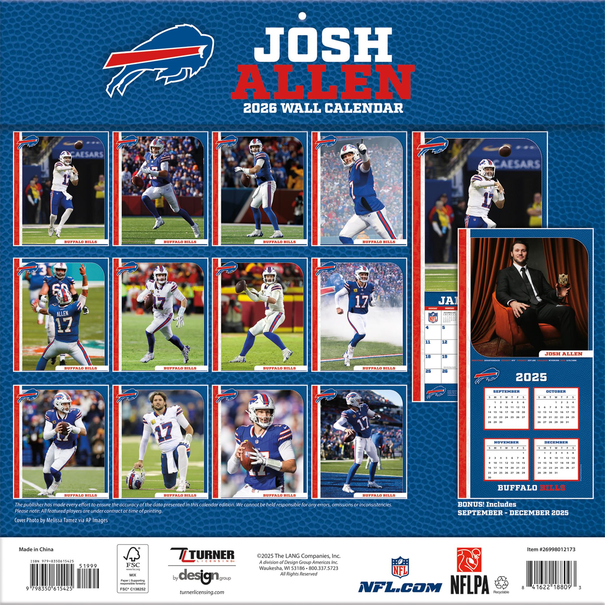 Calendrier mural 2026 de Josh Allen, joueur des Buffalo Bills (NFL)
