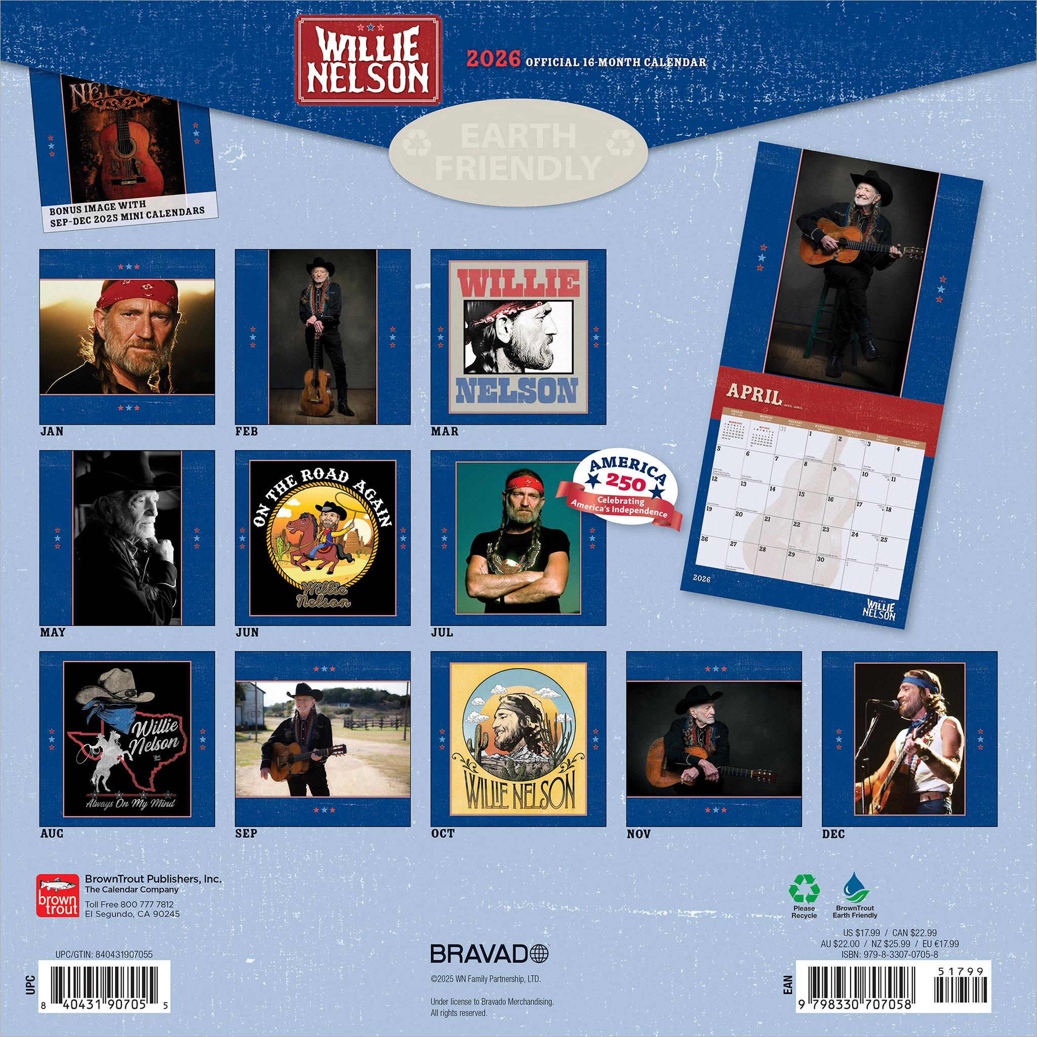 Calendrier mural Willie Nelson 2026 - Disponible uniquement en ligne