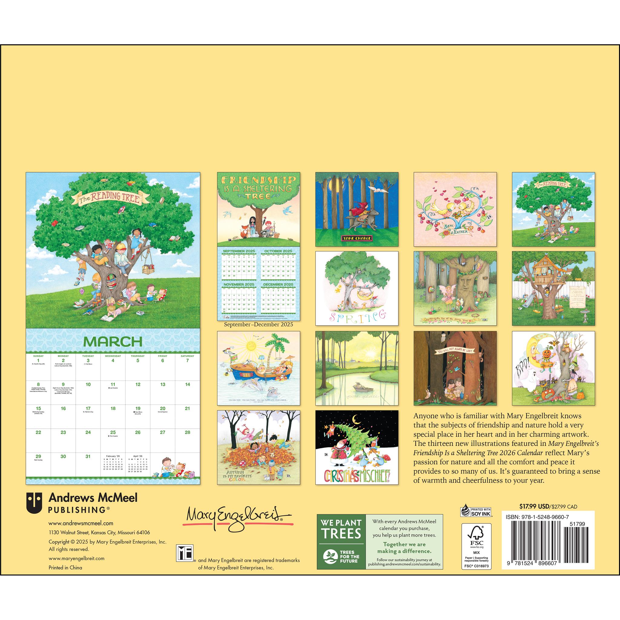 Calendrier mural de luxe 2026 « L'amitié est un arbre protecteur » de Mary Engelbreits