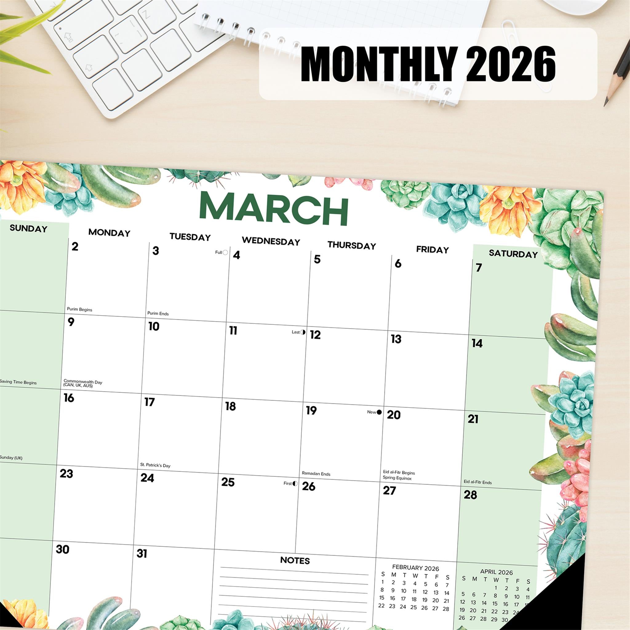 Succulents 2026 Small Desk Pad Calendar